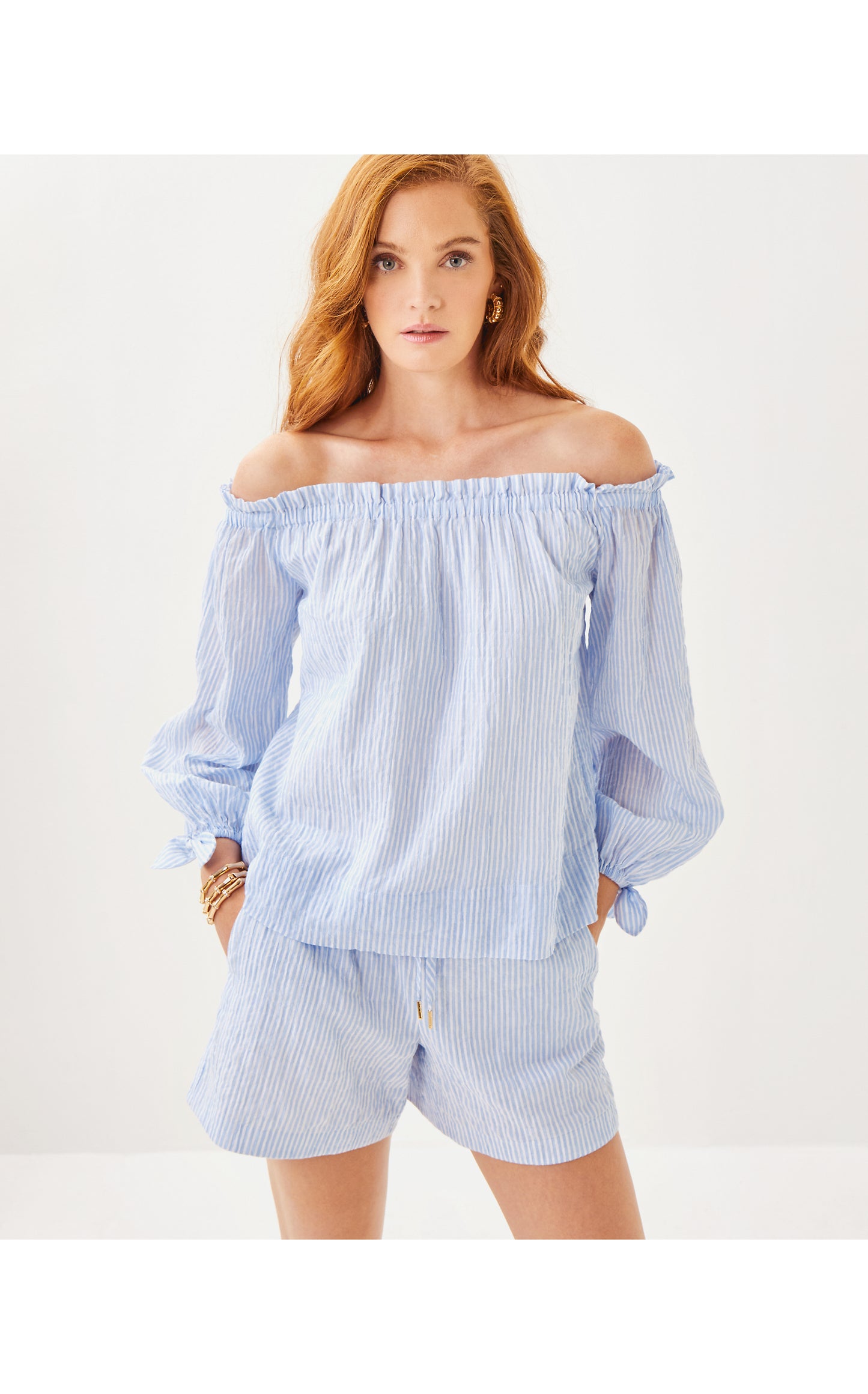Jamielynn Long Sleeve Off the Shoulder Top Oxford Stripe