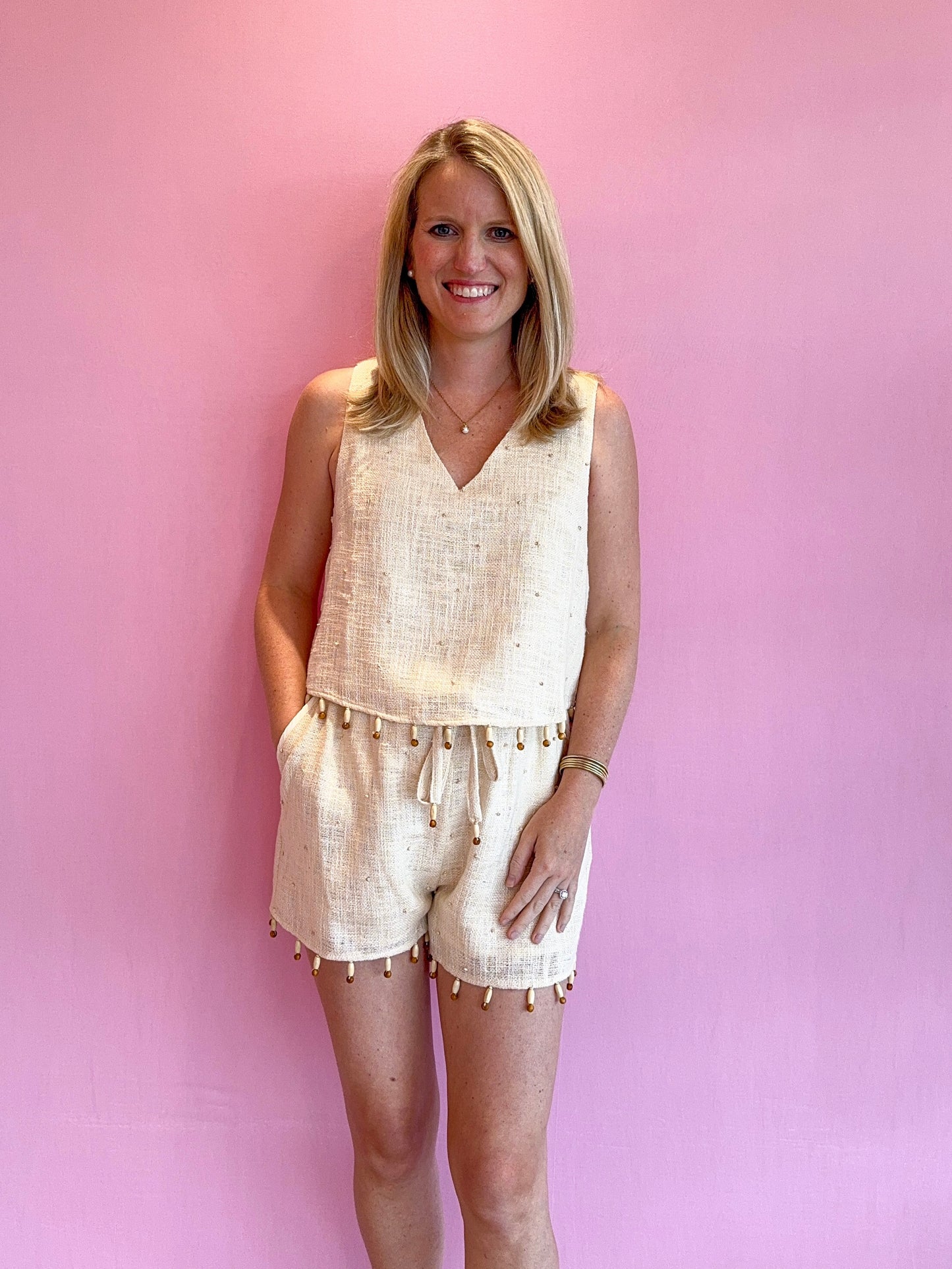 Olivia Wood Bead Embroidered Top