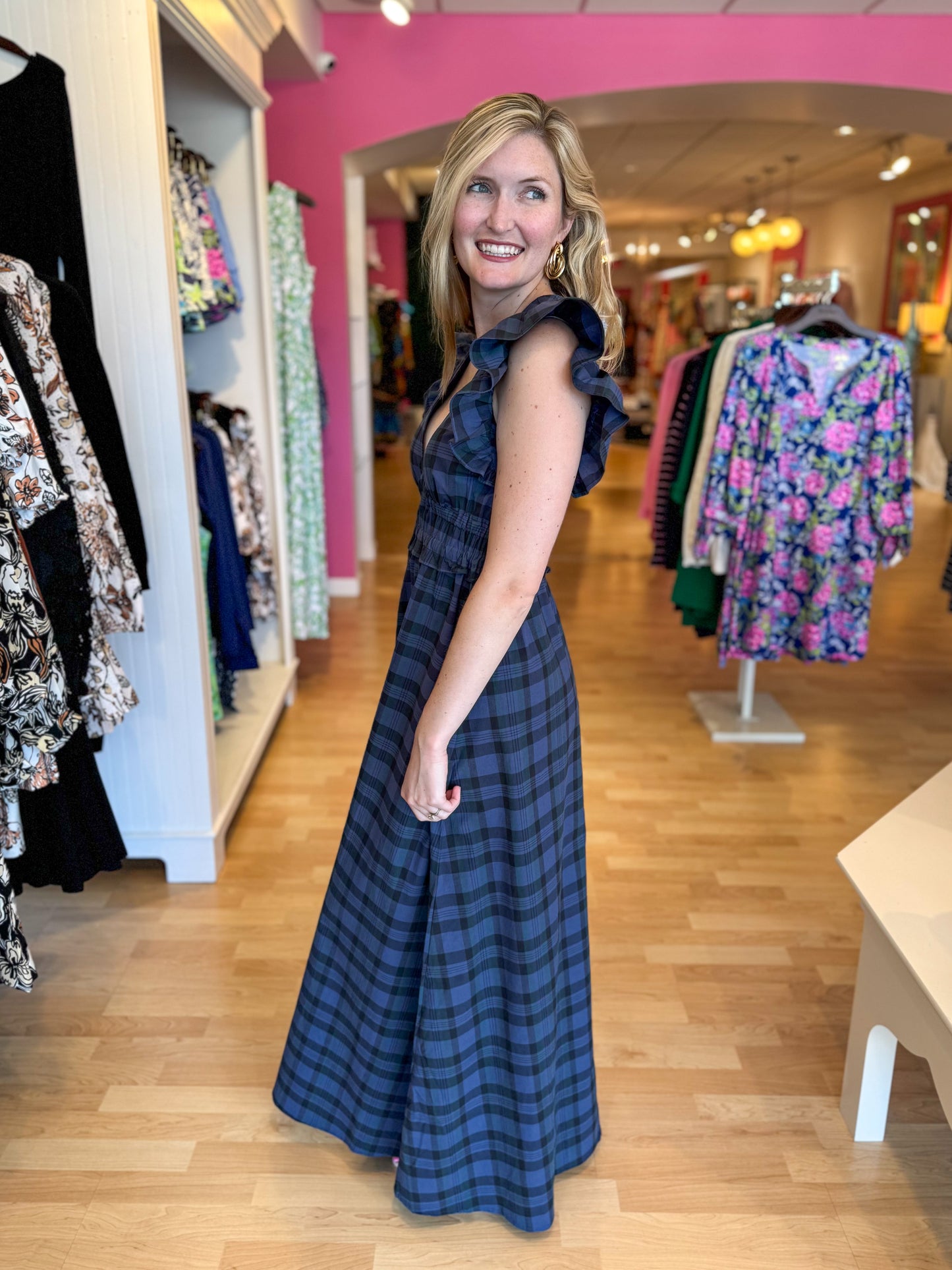 V-neck Flutter Sleeve Maxi Blackwatch Tartan
