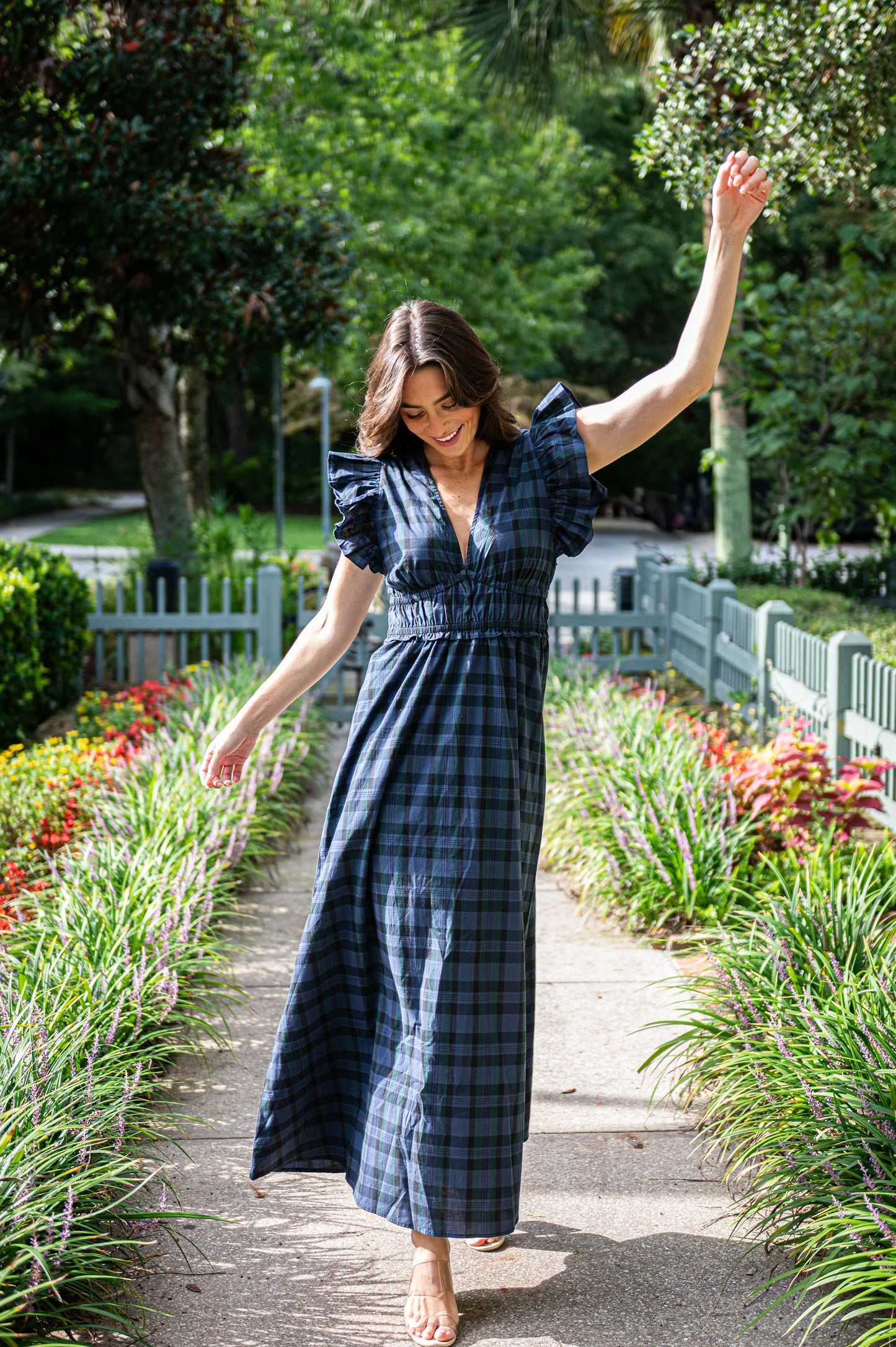 V-neck Flutter Sleeve Maxi Blackwatch Tartan