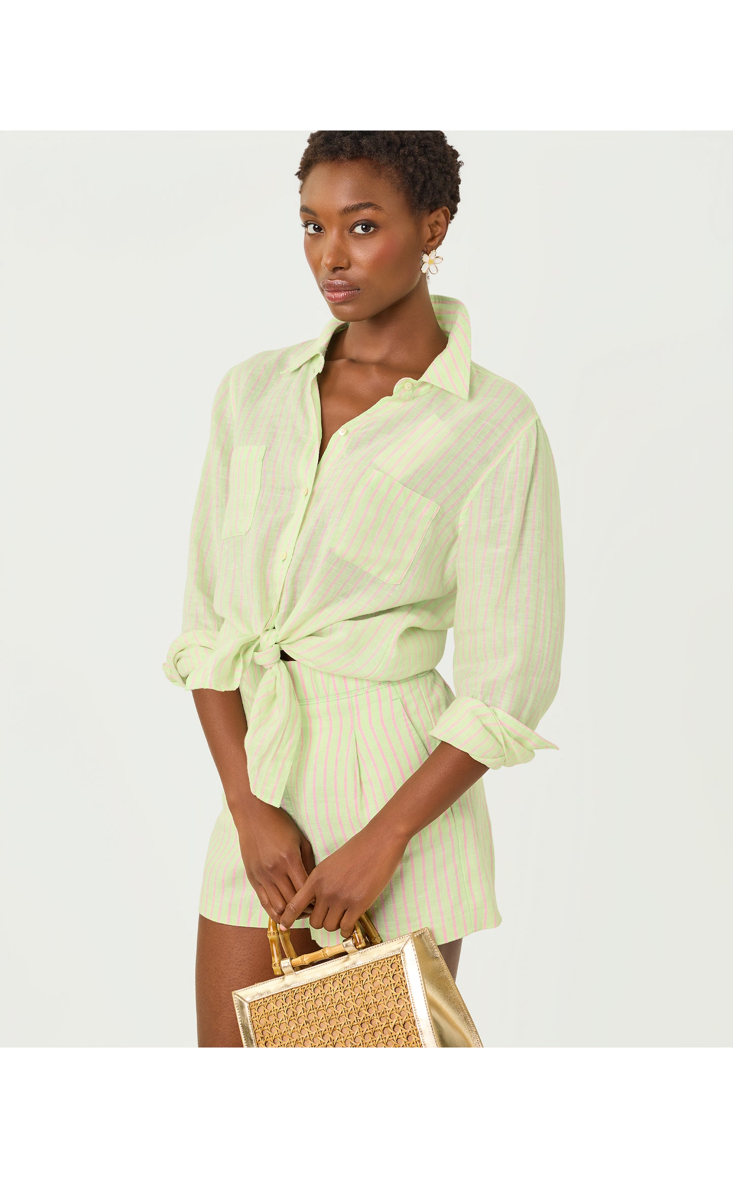 Sea View Button Down Pistachio Macaron X Conch Shell Pink