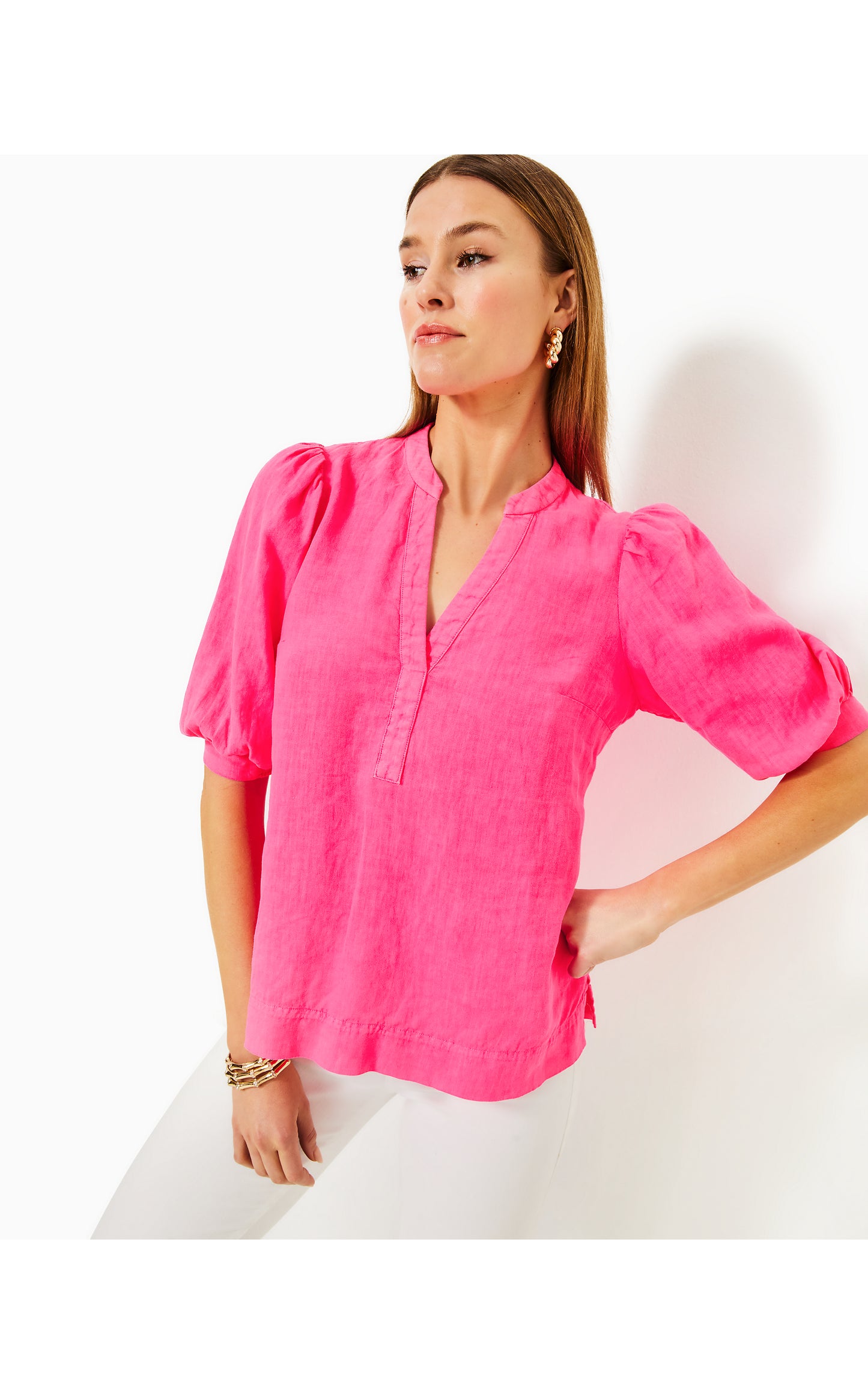 Mialeigh Elbow Sleeve Linen Top Passion Fruit Pink