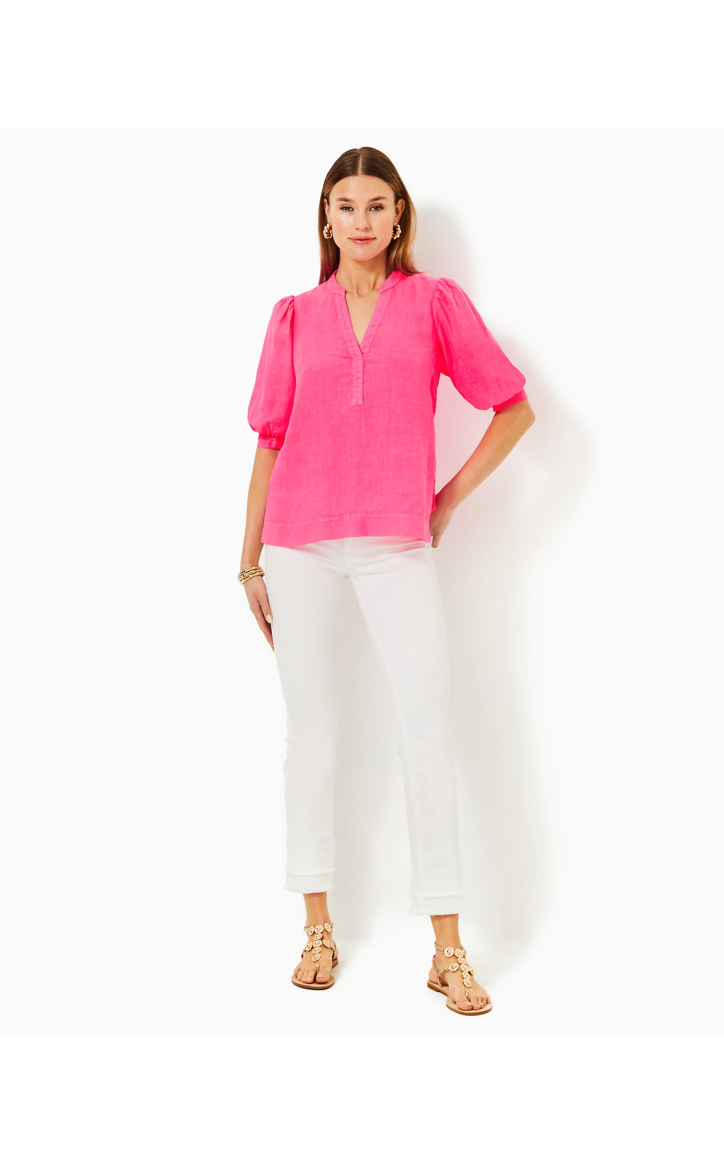 Mialeigh Elbow Sleeve Linen Top Passion Fruit Pink