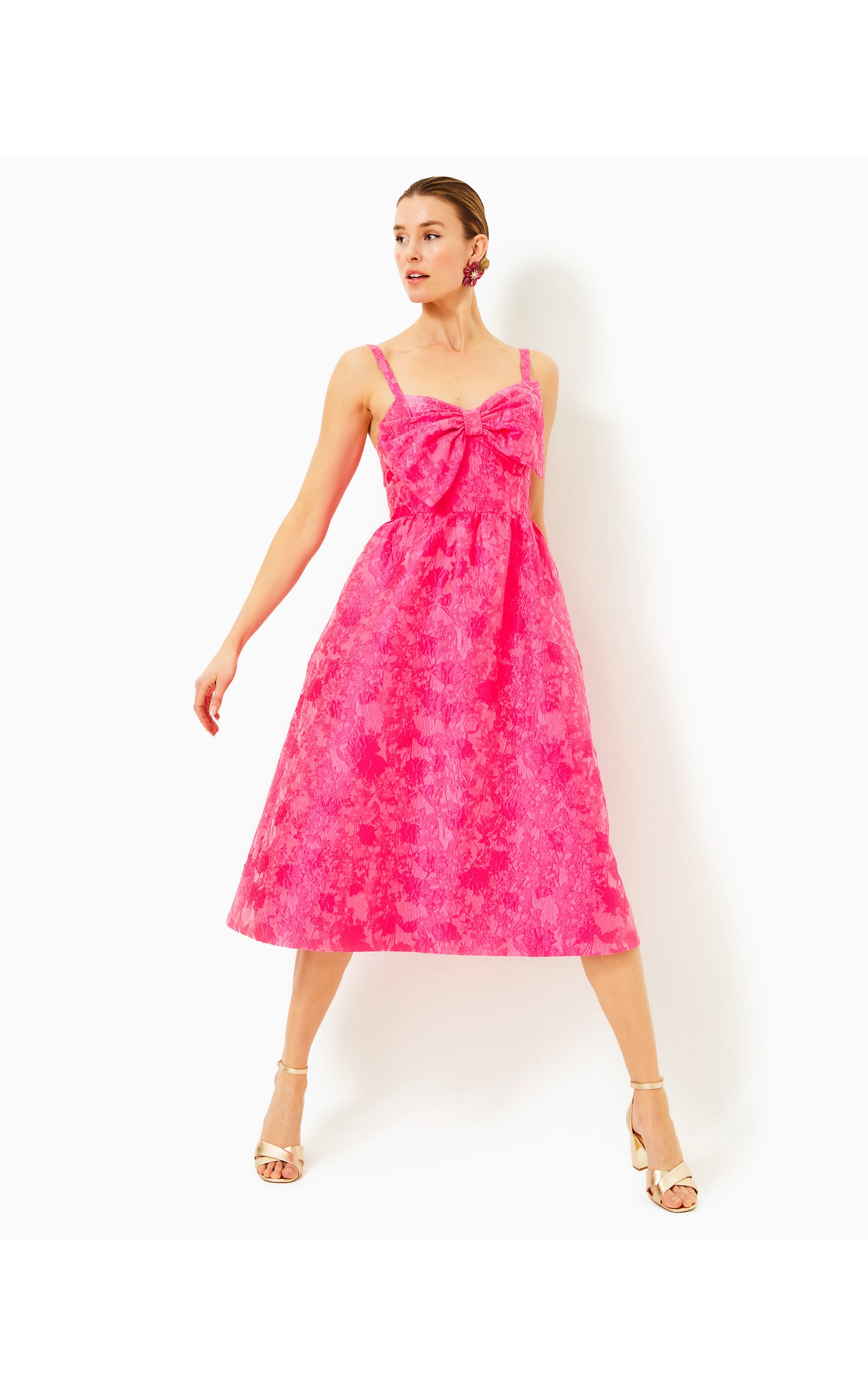 Ellara Jacquard Midi Bow Dress Passion Fruit Pink