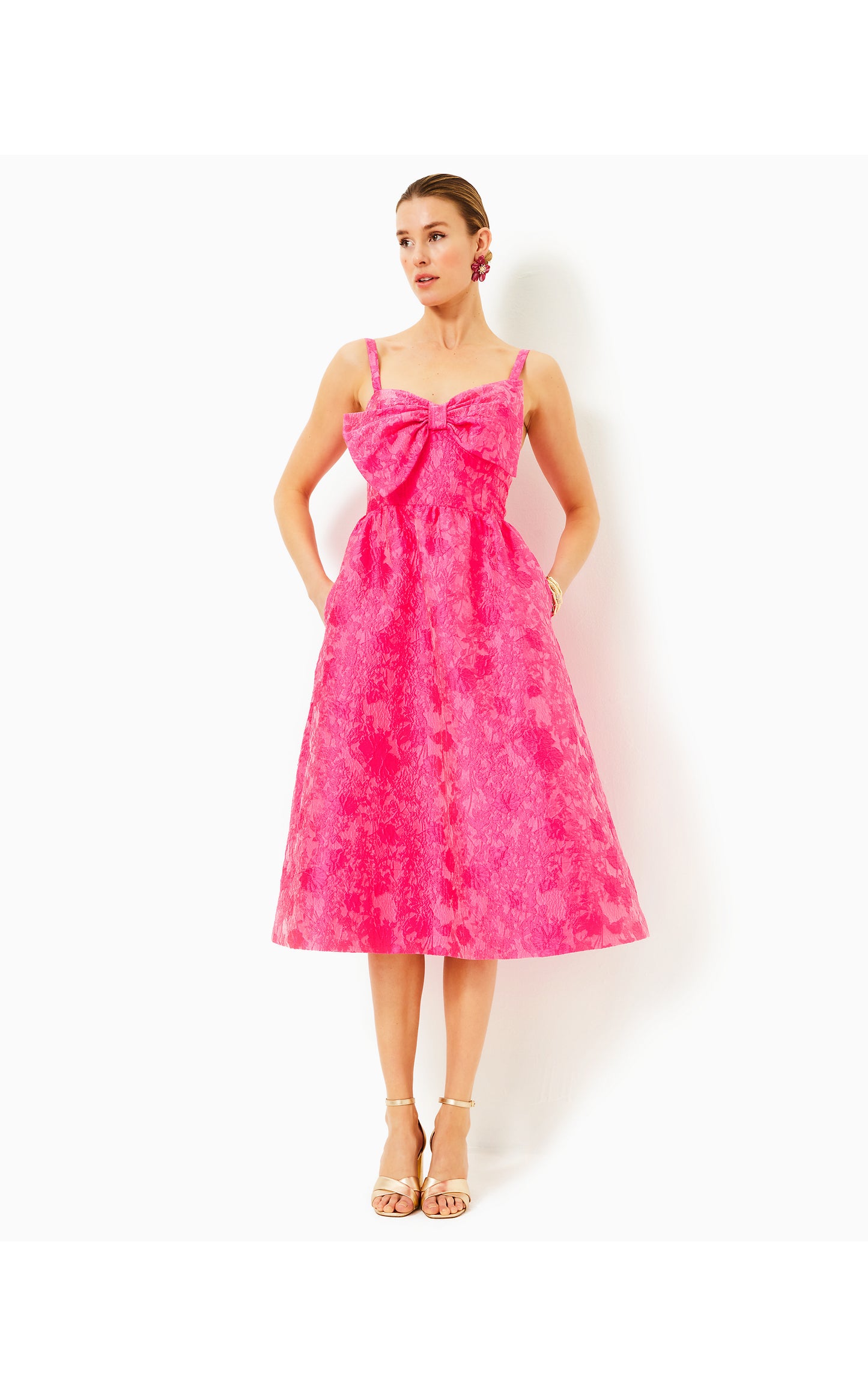 Ellara Jacquard Midi Bow Dress Passion Fruit Pink