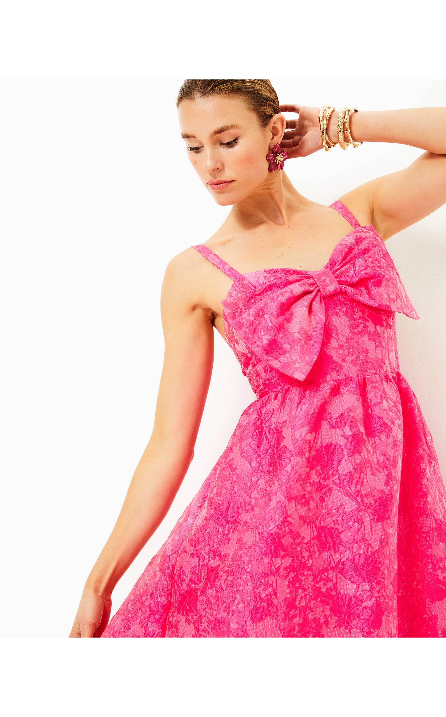 Ellara Jacquard Midi Bow Dress Passion Fruit Pink