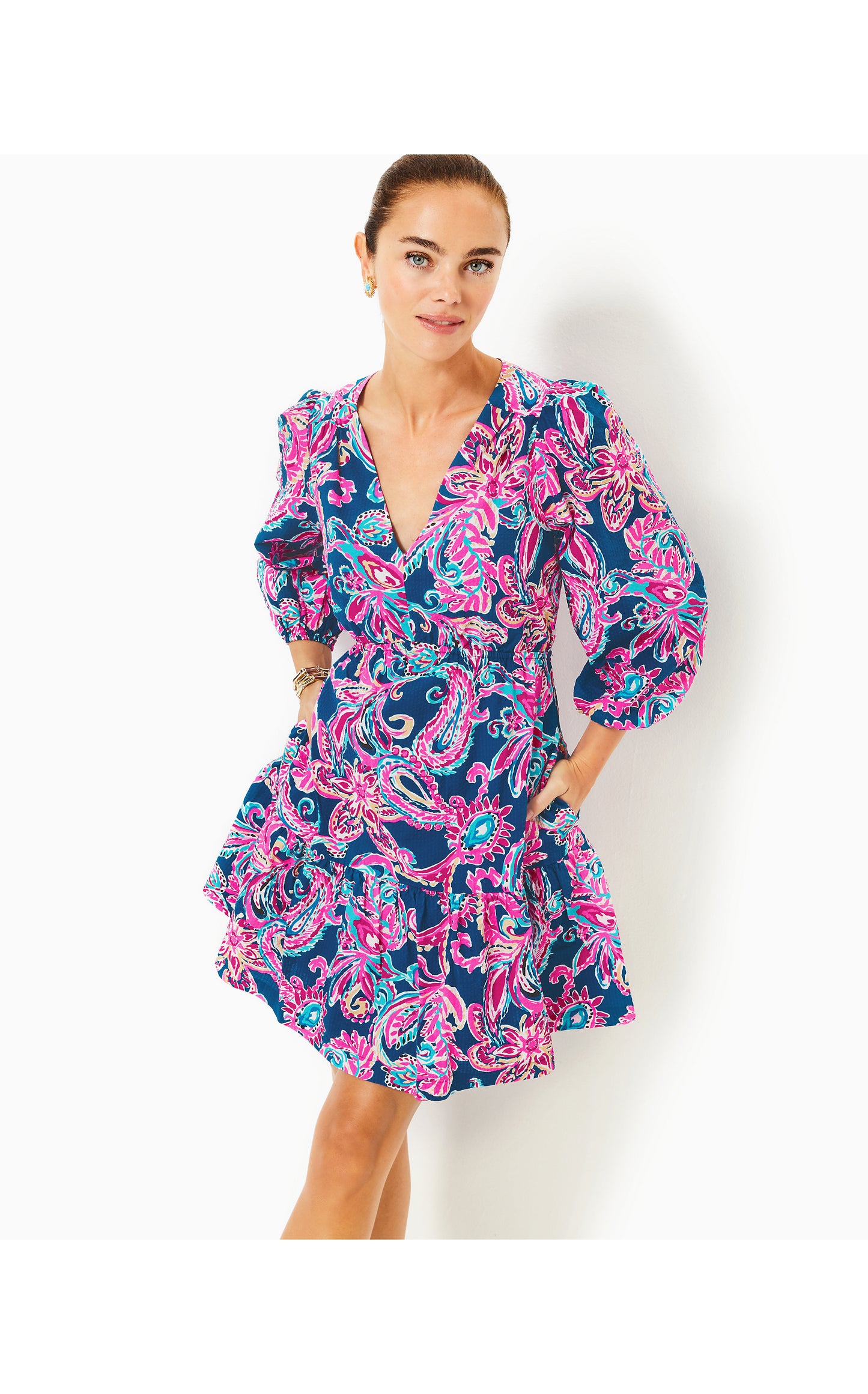 Deacon 3/4 Sleeve V-Neck Dress Multi Flitting About