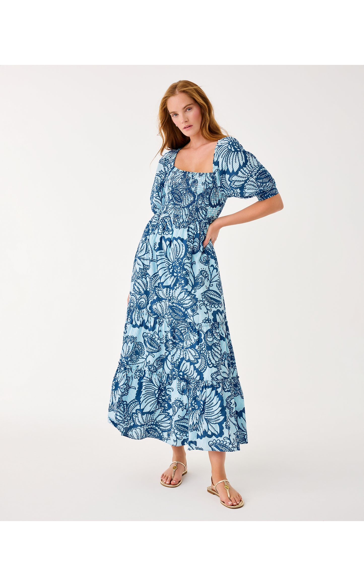 Hadly Short Sleeve Smocked Maxi Dress Proud as a Peacock Stripe