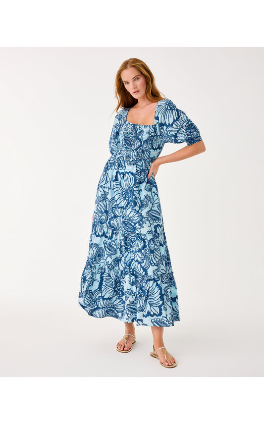 Hadly Short Sleeve Smocked Maxi Dress Proud as a Peacock Stripe