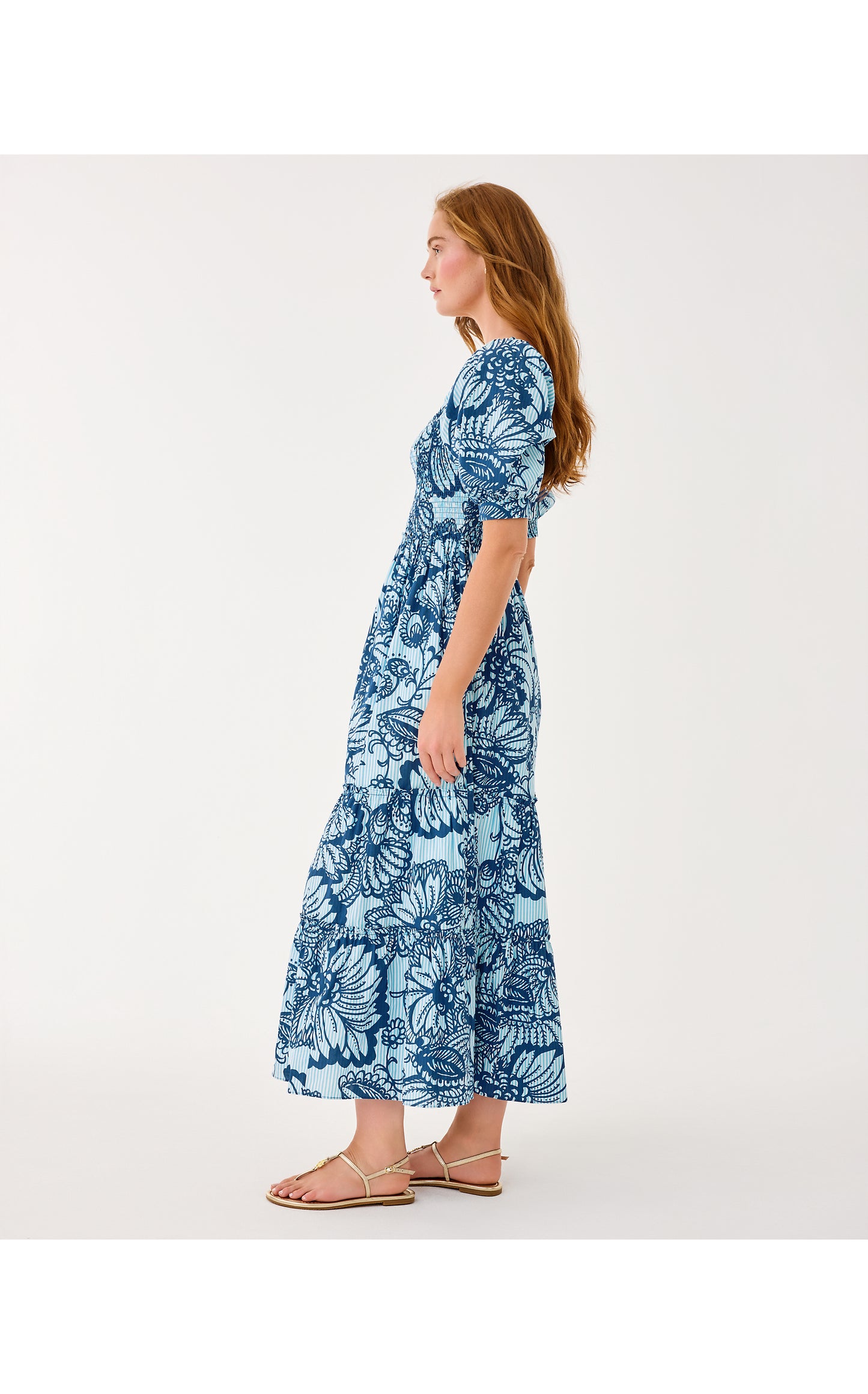 Hadly Short Sleeve Smocked Maxi Dress Proud as a Peacock Stripe