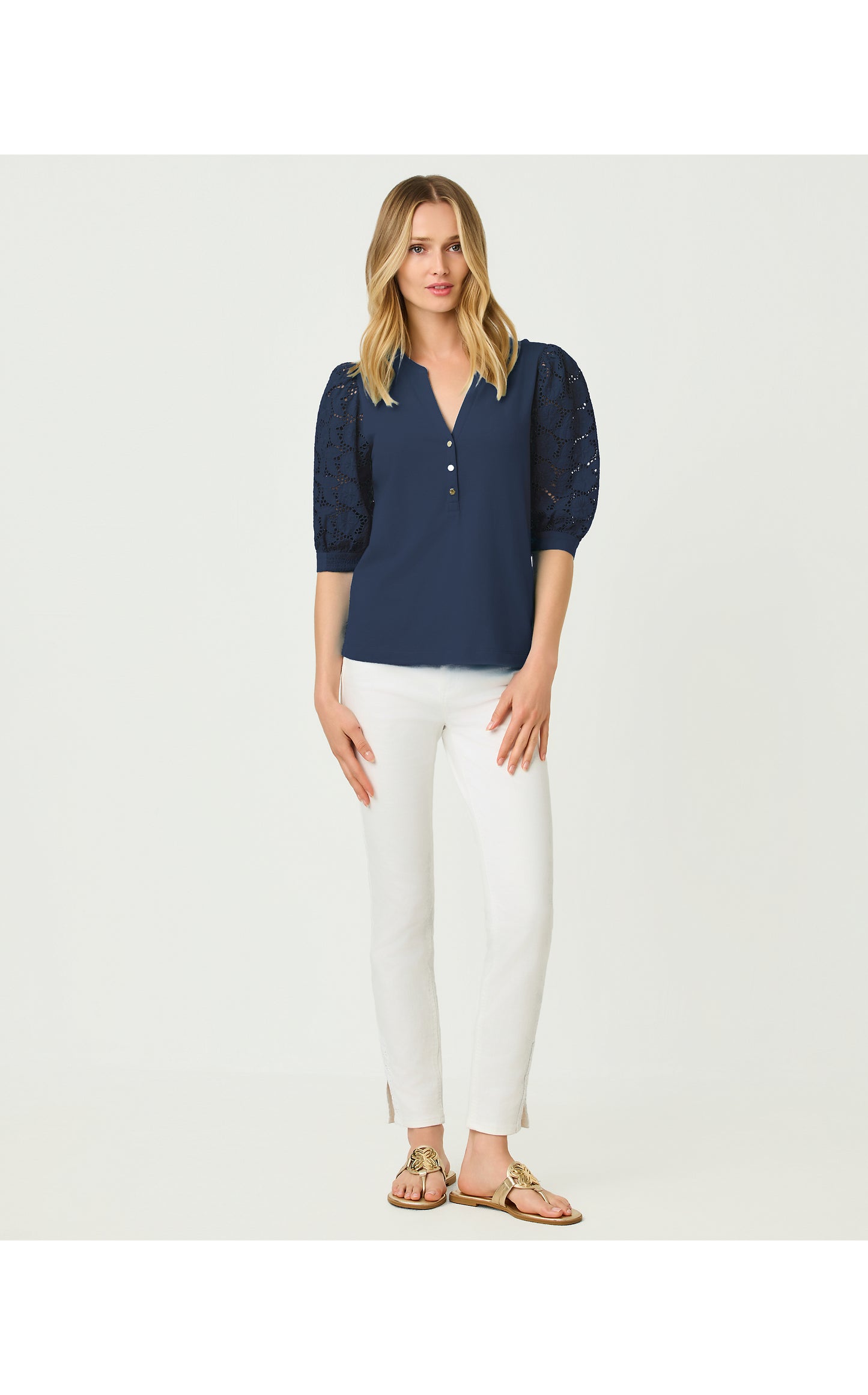 Ronson Eyelet Knit Top Low Tide Navy