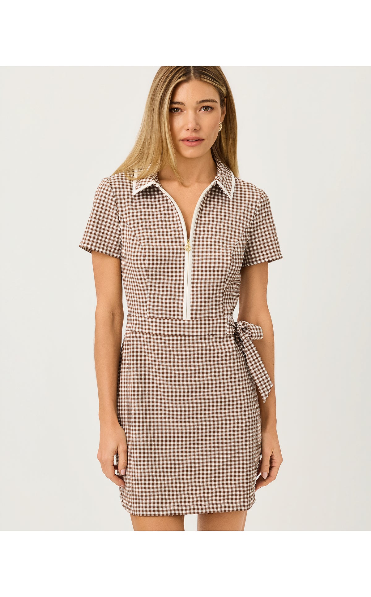 Kathy Short Sleeve Tie Dress UPF 50+ Mini Performance Gingham Coco Beach