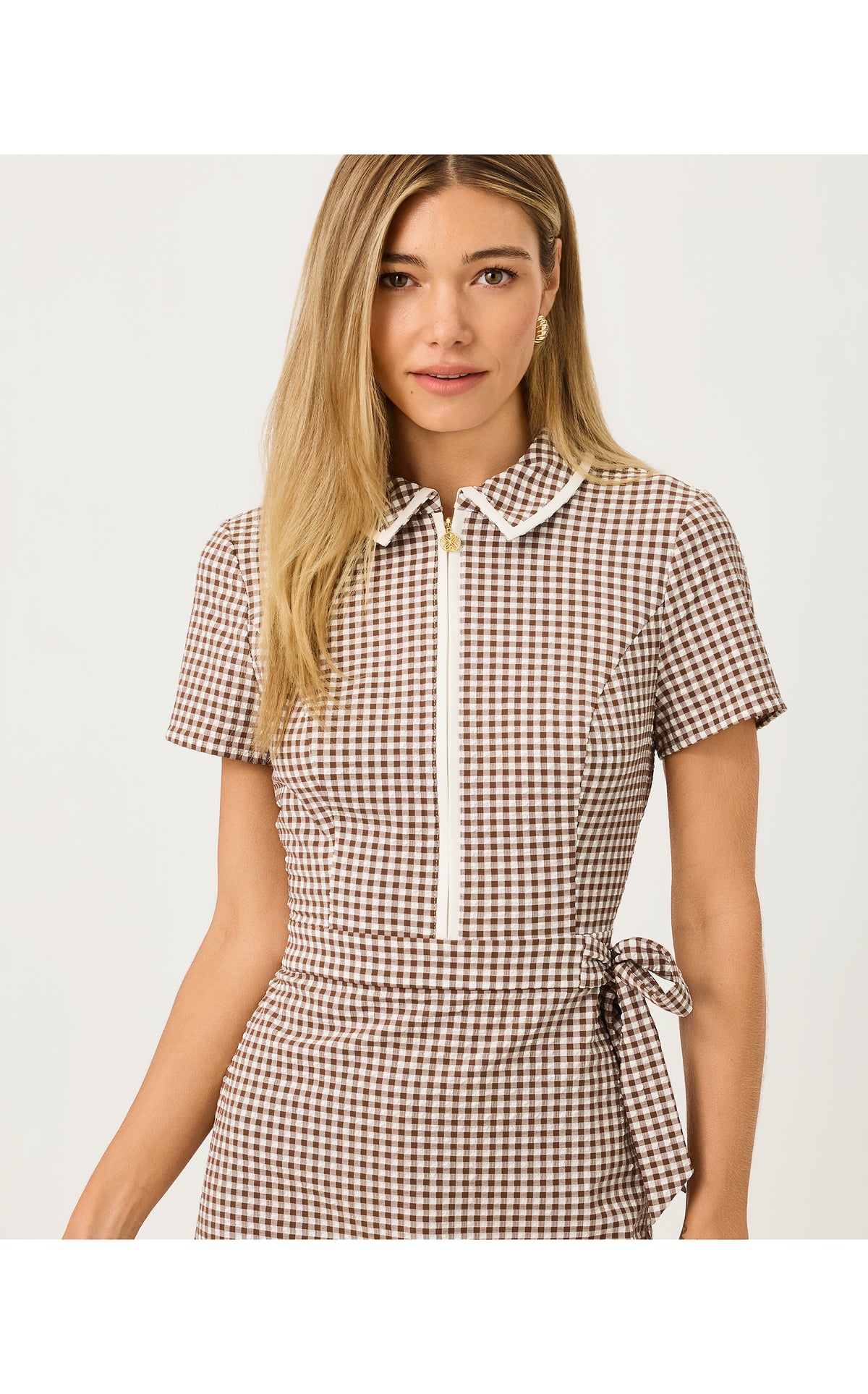 Kathy Short Sleeve Tie Dress UPF 50+ Mini Performance Gingham Coco Beach