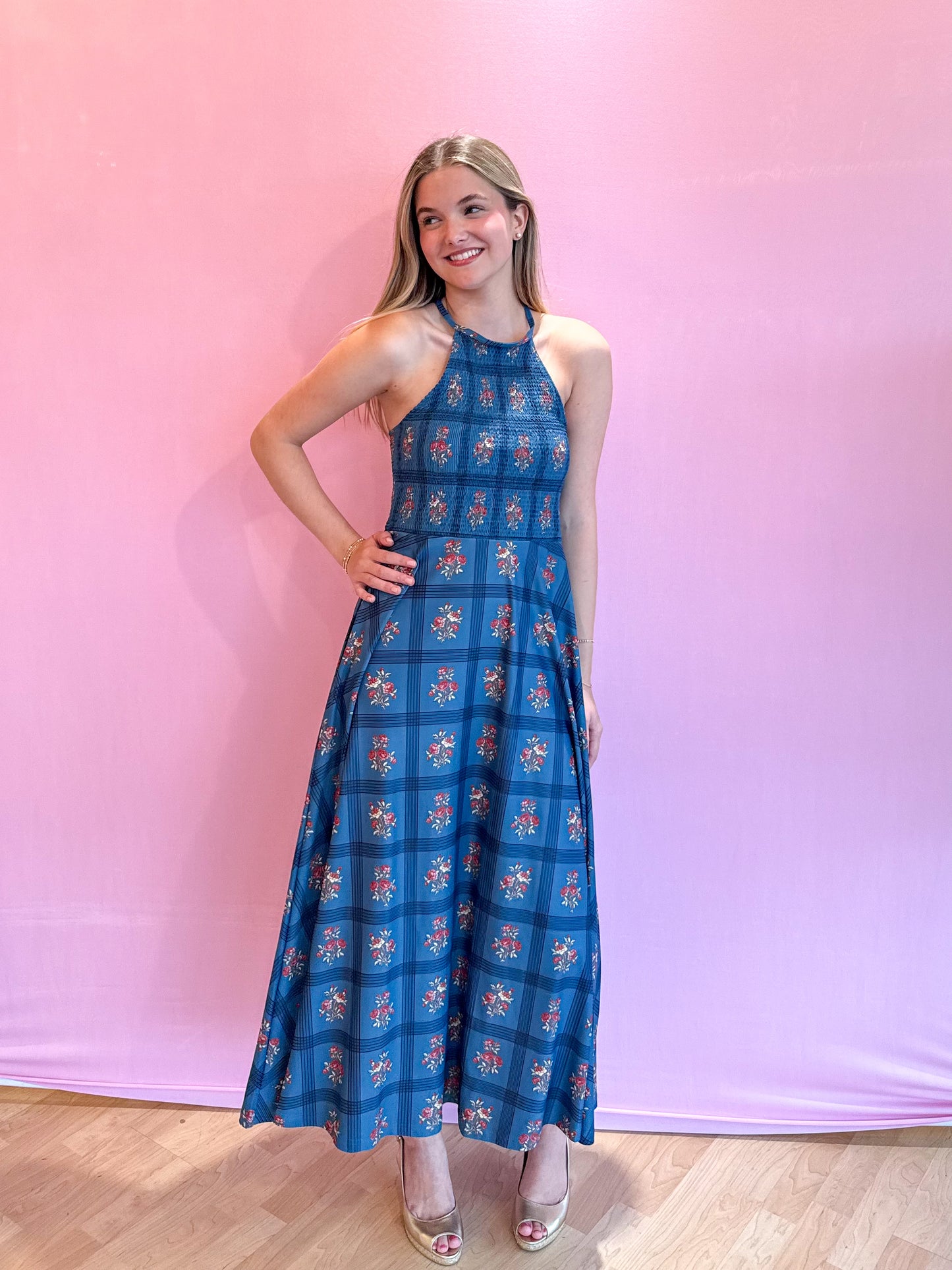 Florenza Dress Camellia Plaid Porcelain