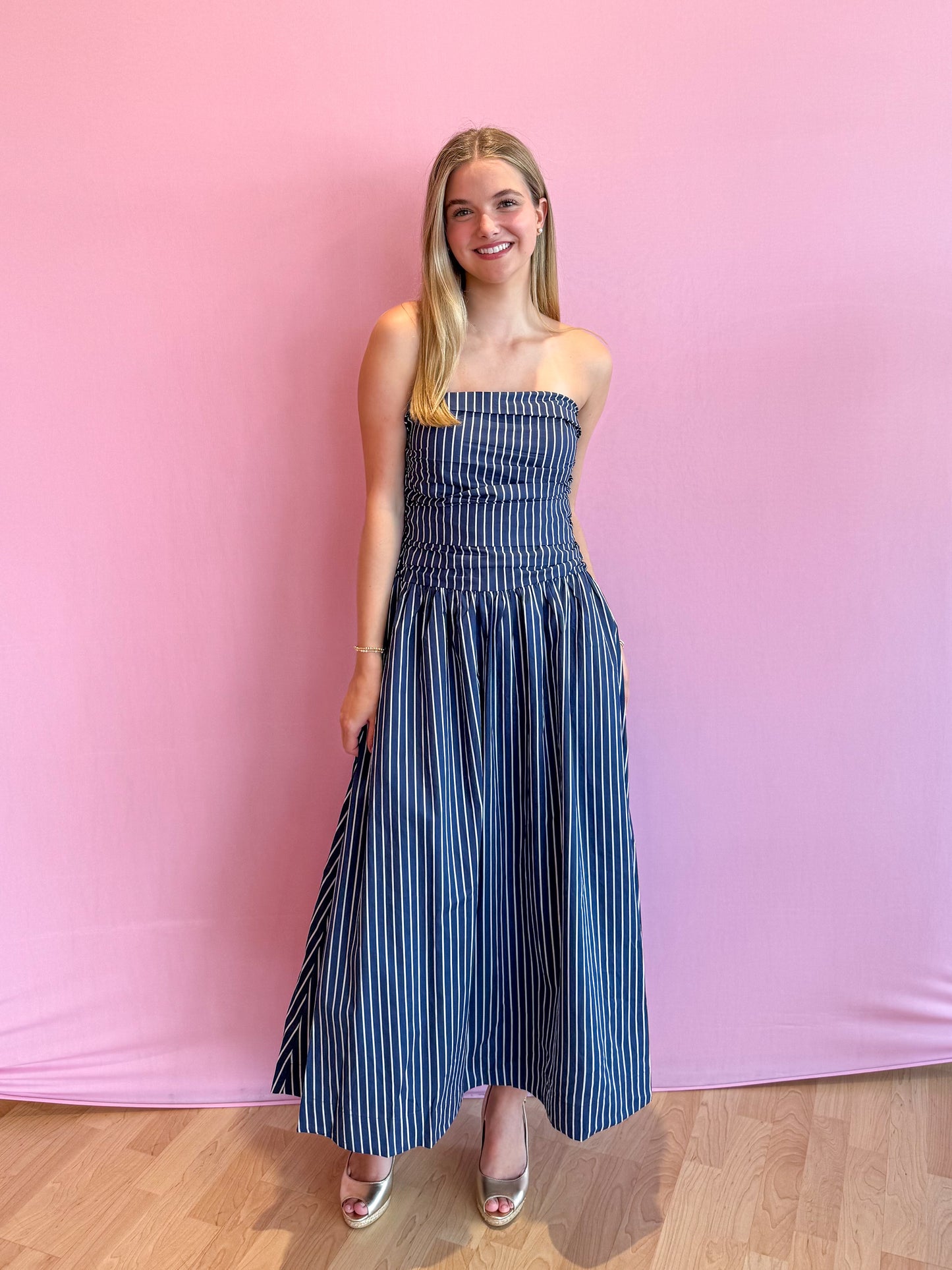 Harper Striped Strapless Midi Dress