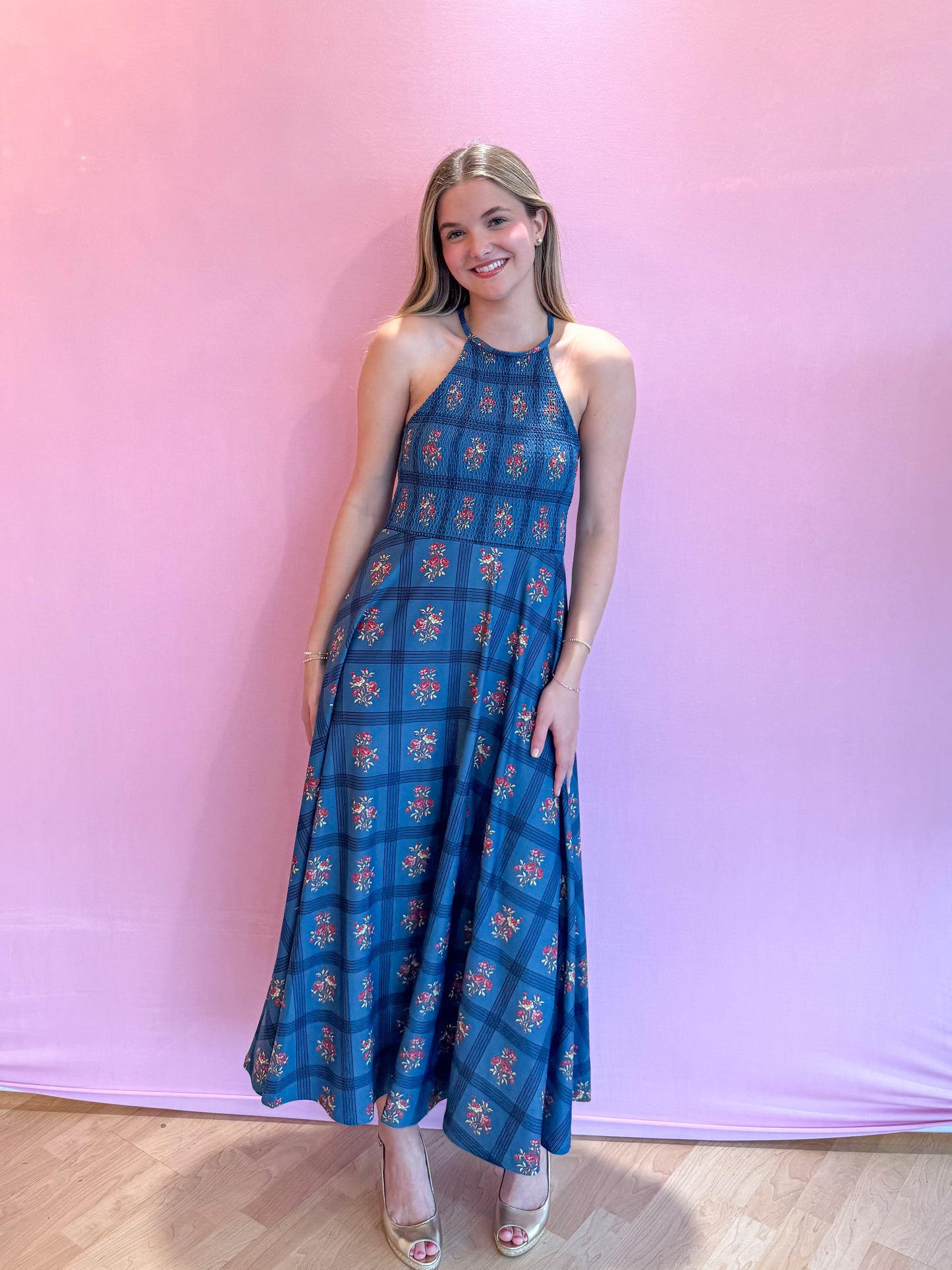 Florenza Dress Camellia Plaid Porcelain
