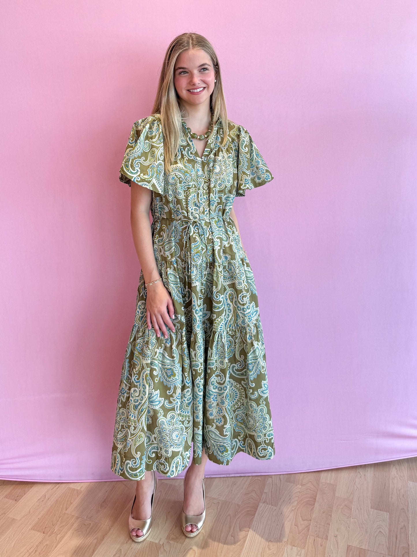 Olive Bohemian Paisley Midi Dress