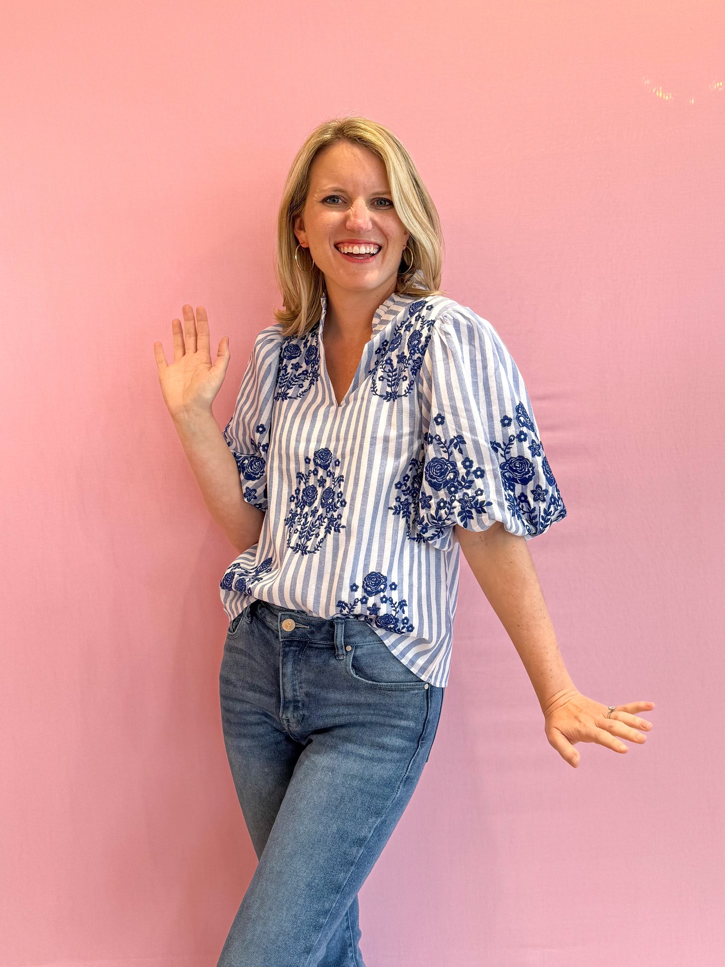 Puff Sleeve Striped Embroidered Top Blue