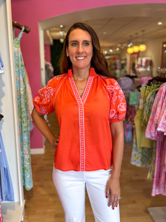 Sylvia Orange Embroidered Top