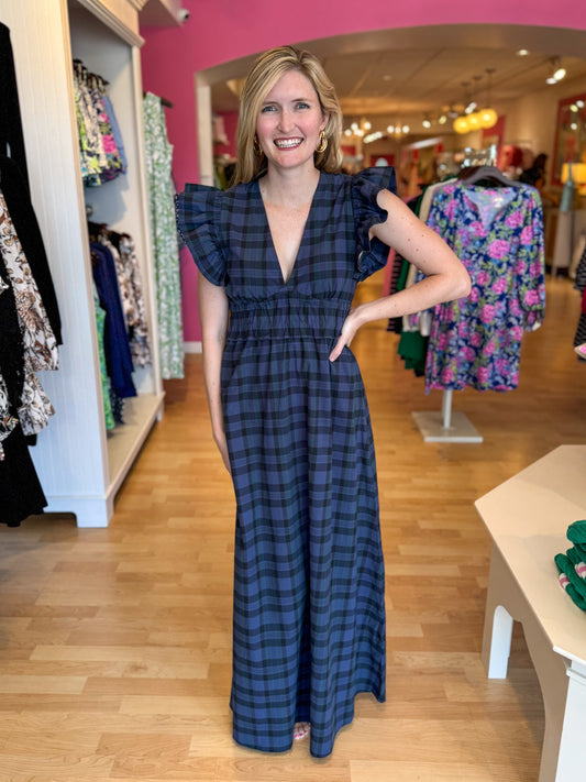 V-neck Flutter Sleeve Maxi Blackwatch Tartan