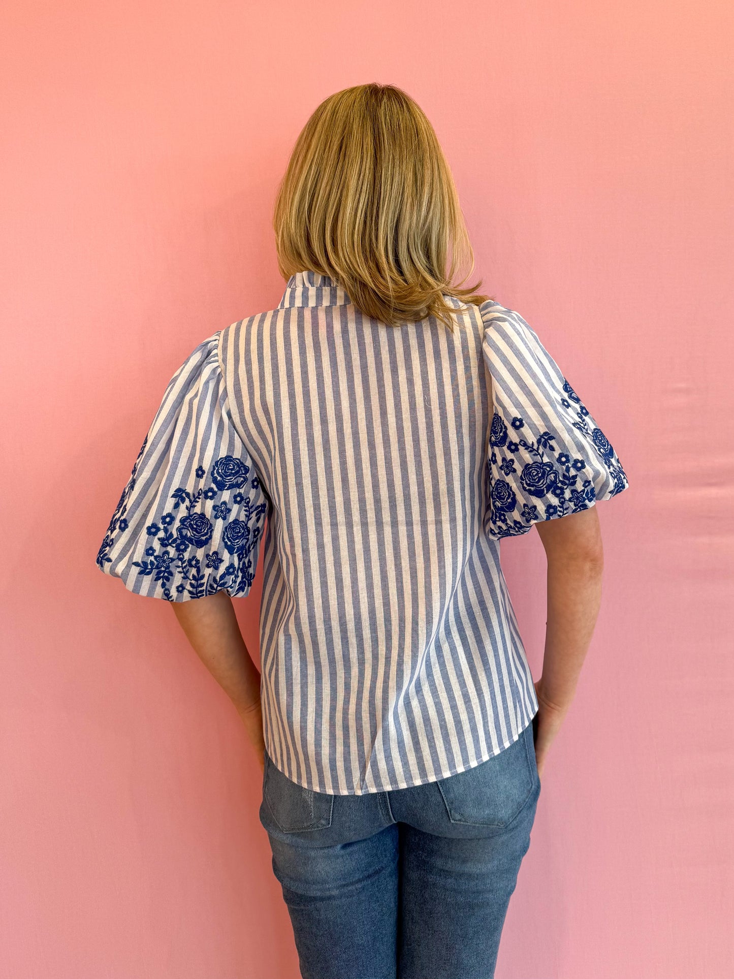 Puff Sleeve Striped Embroidered Top Blue