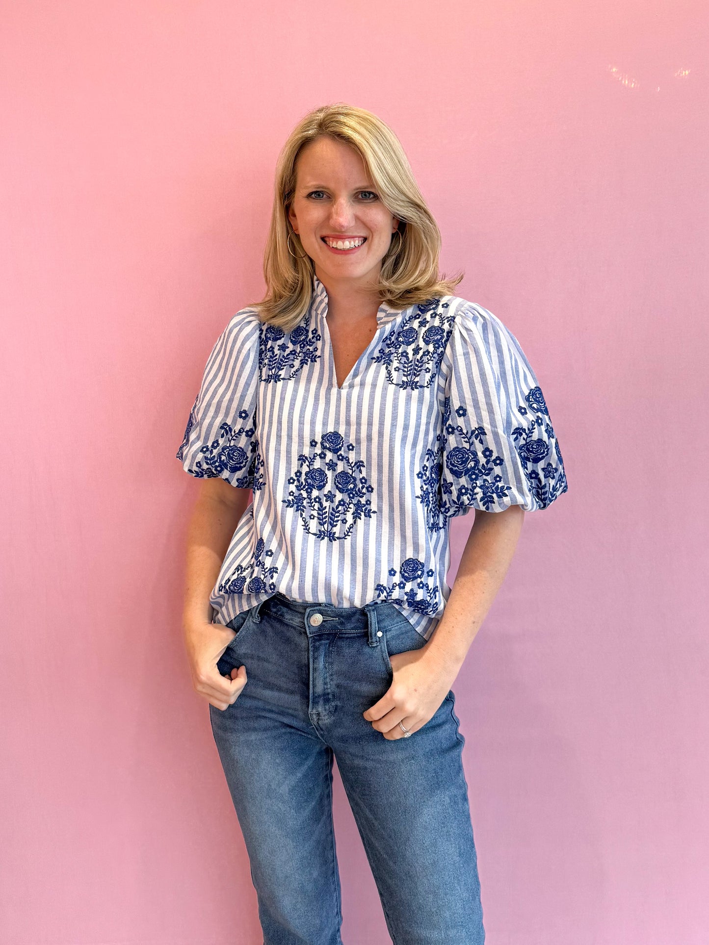 Puff Sleeve Striped Embroidered Top Blue