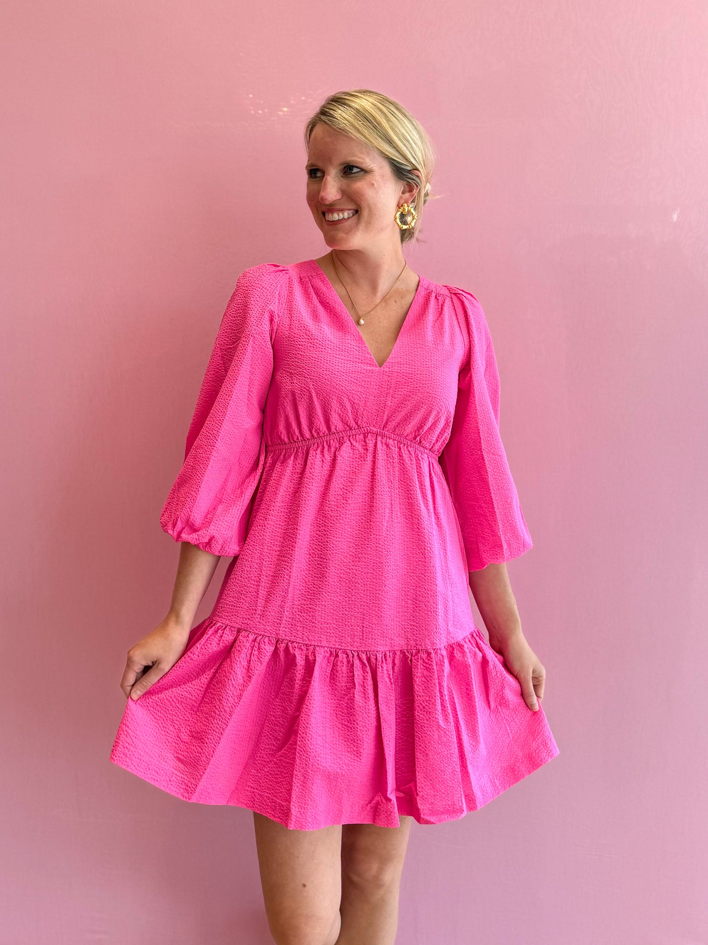 Deacon 3/4 Sleeve Dress V-Neck Passion Fruit Pink