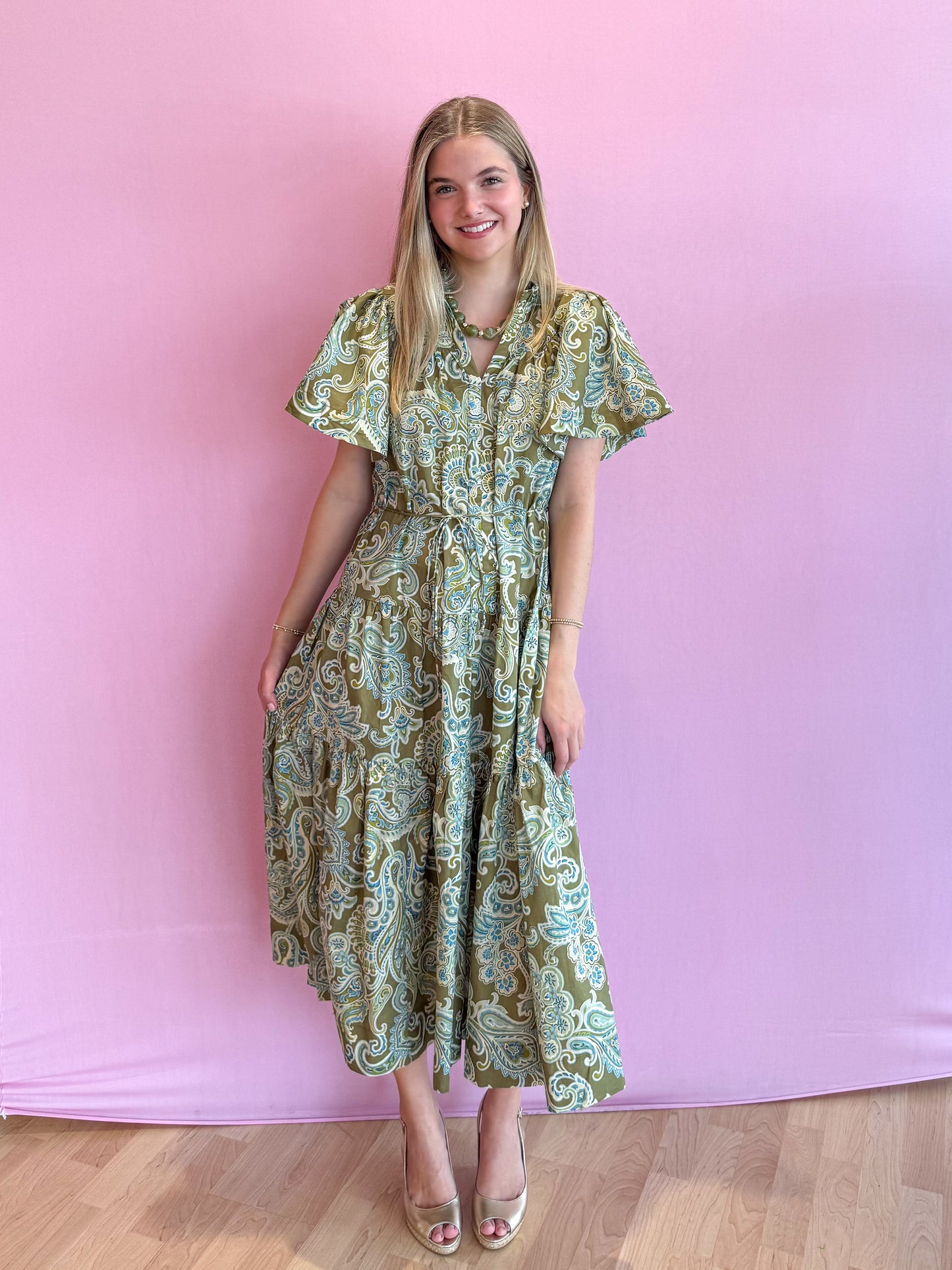 Olive Bohemian Paisley Midi Dress