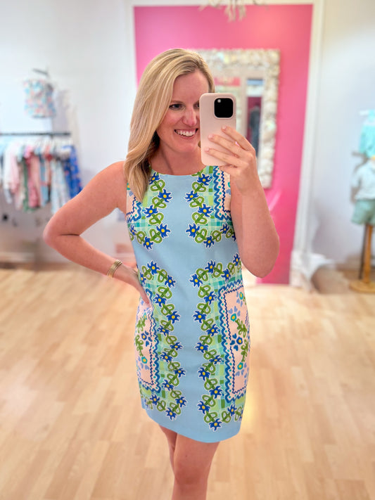 Rowan Dress Blue Floral Folk Tile