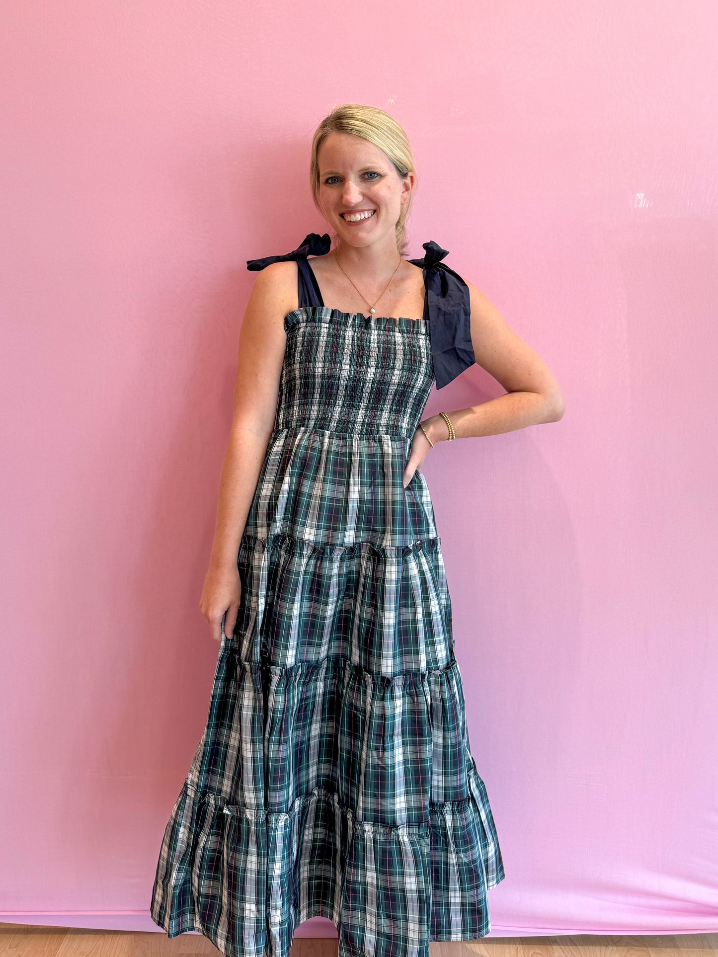 Shelley Tie Strap Dress White and Navy Plaid