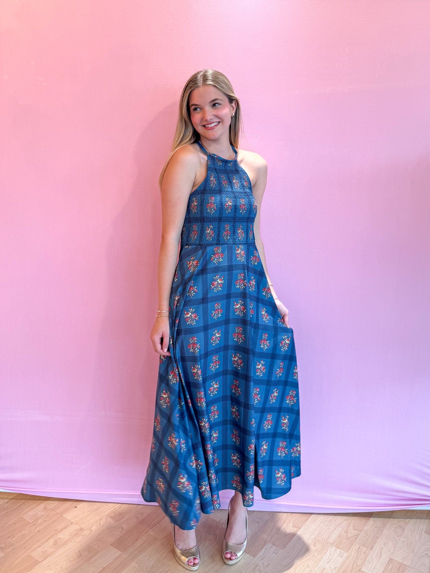 Florenza Dress Camellia Plaid Porcelain