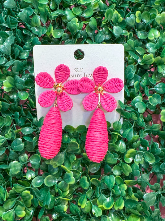 Pink Raffia Flower Earrings