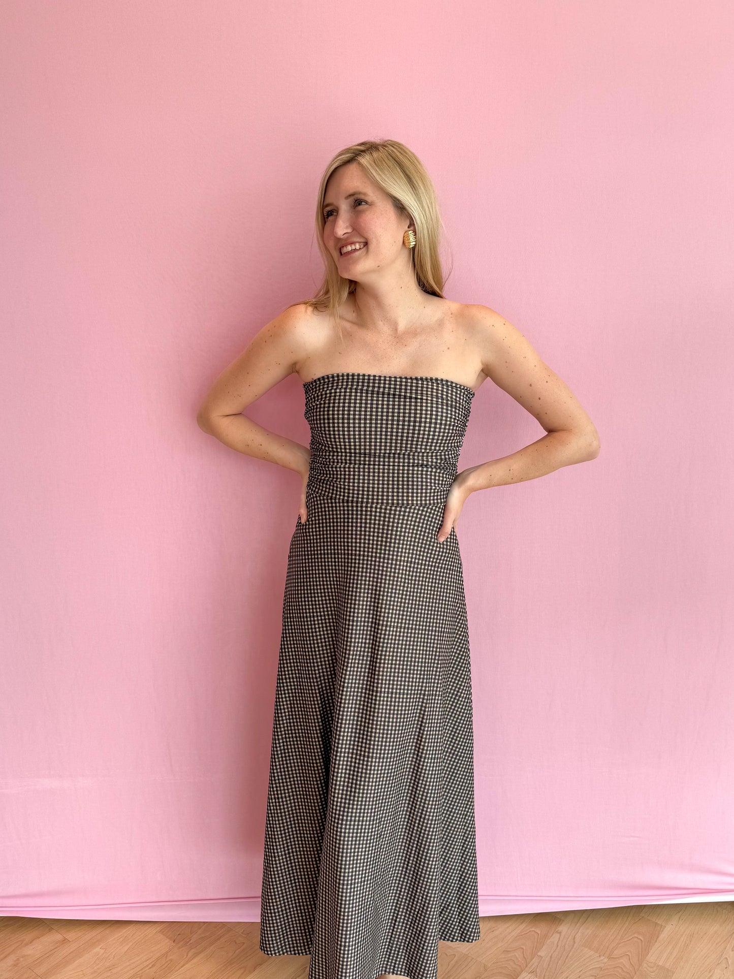 Gloria Dress Black and Beige Gingham