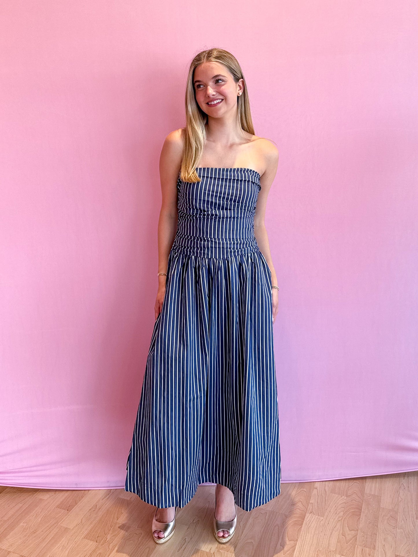 Harper Striped Strapless Midi Dress