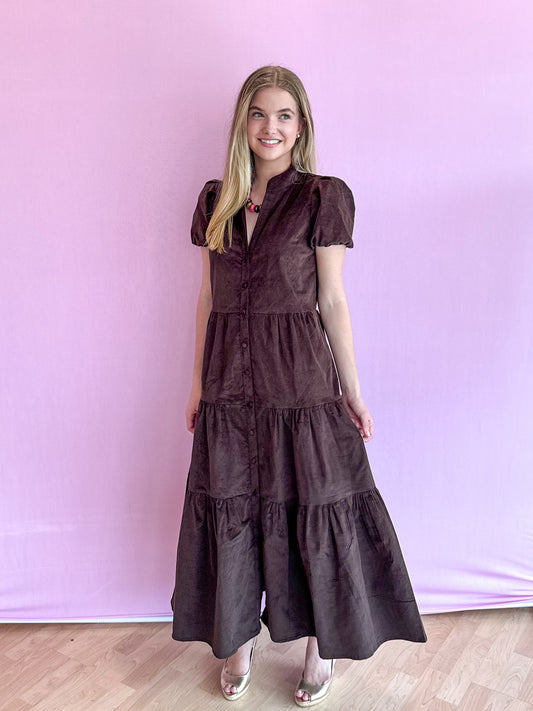 Corduroy Button Front Maxi Dress Hot Fudge