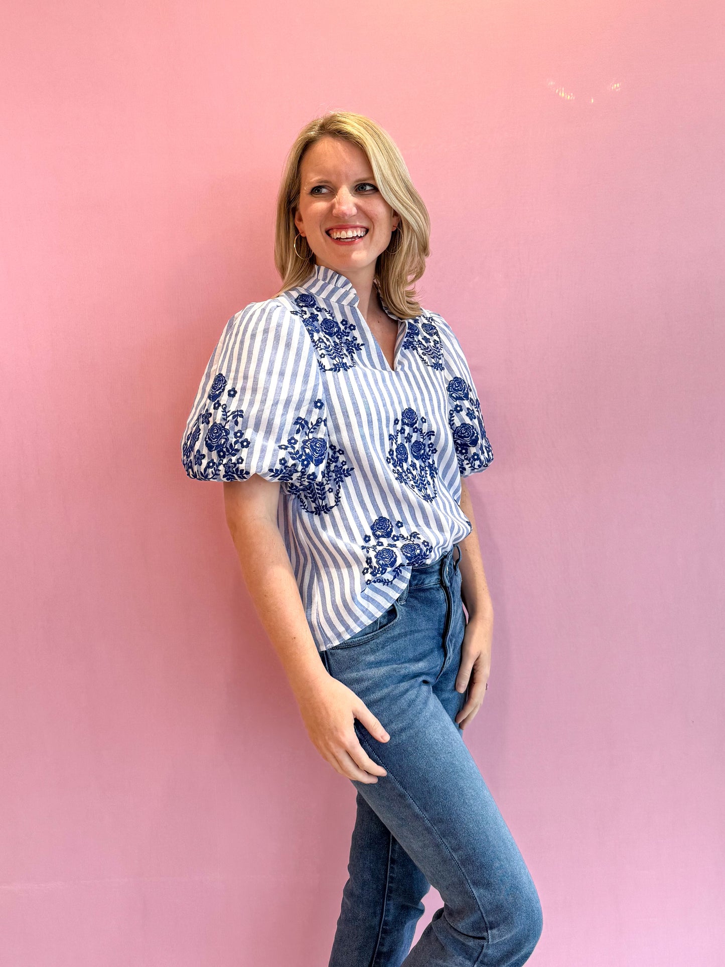 Puff Sleeve Striped Embroidered Top Blue