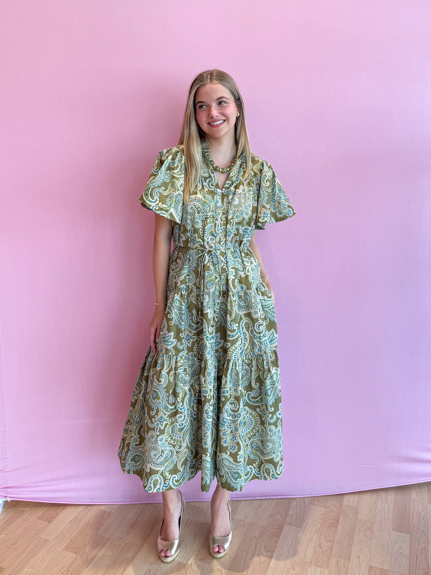 Olive Bohemian Paisley Midi Dress