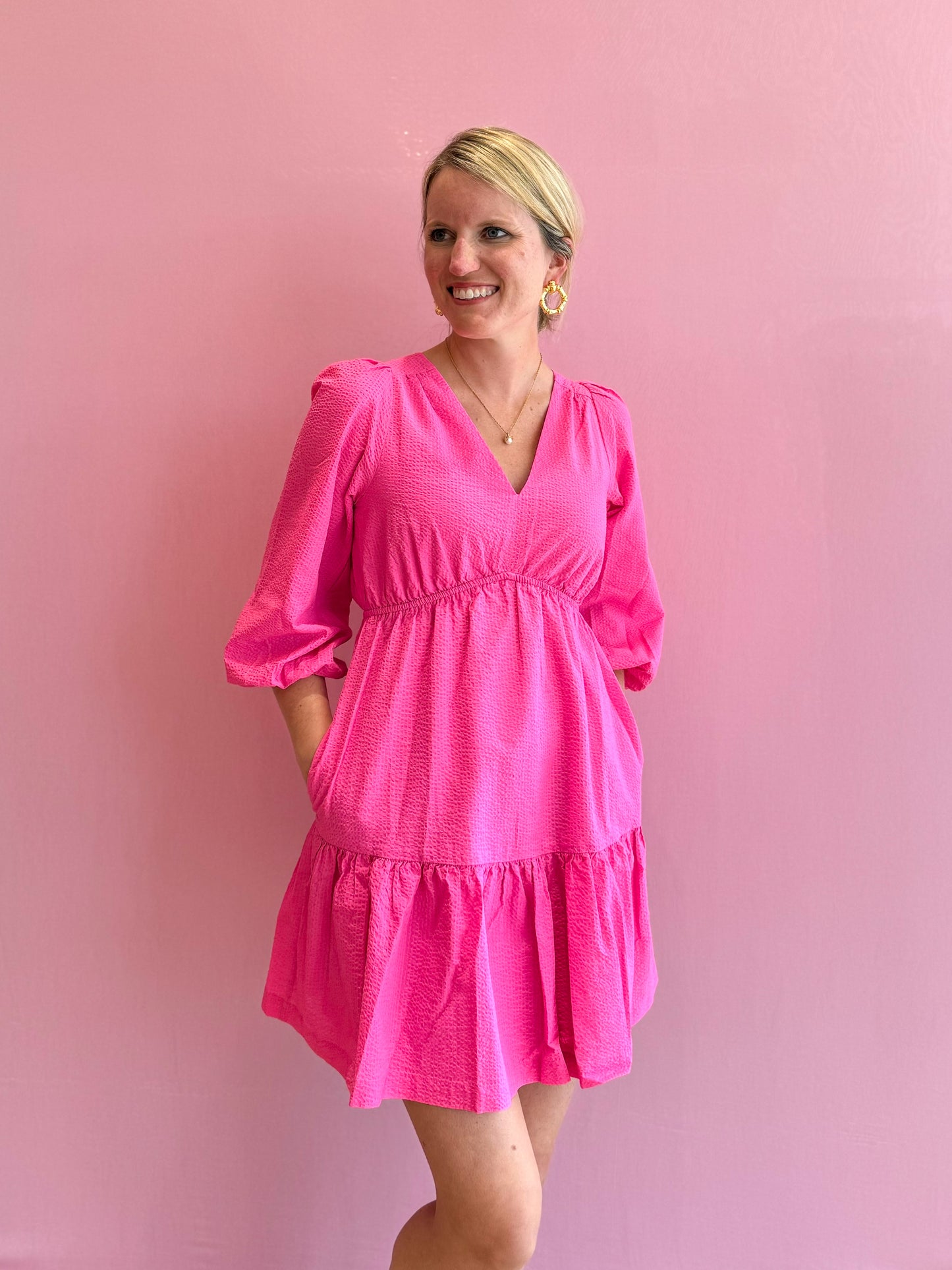 Deacon 3/4 Sleeve Dress V-Neck Passion Fruit Pink