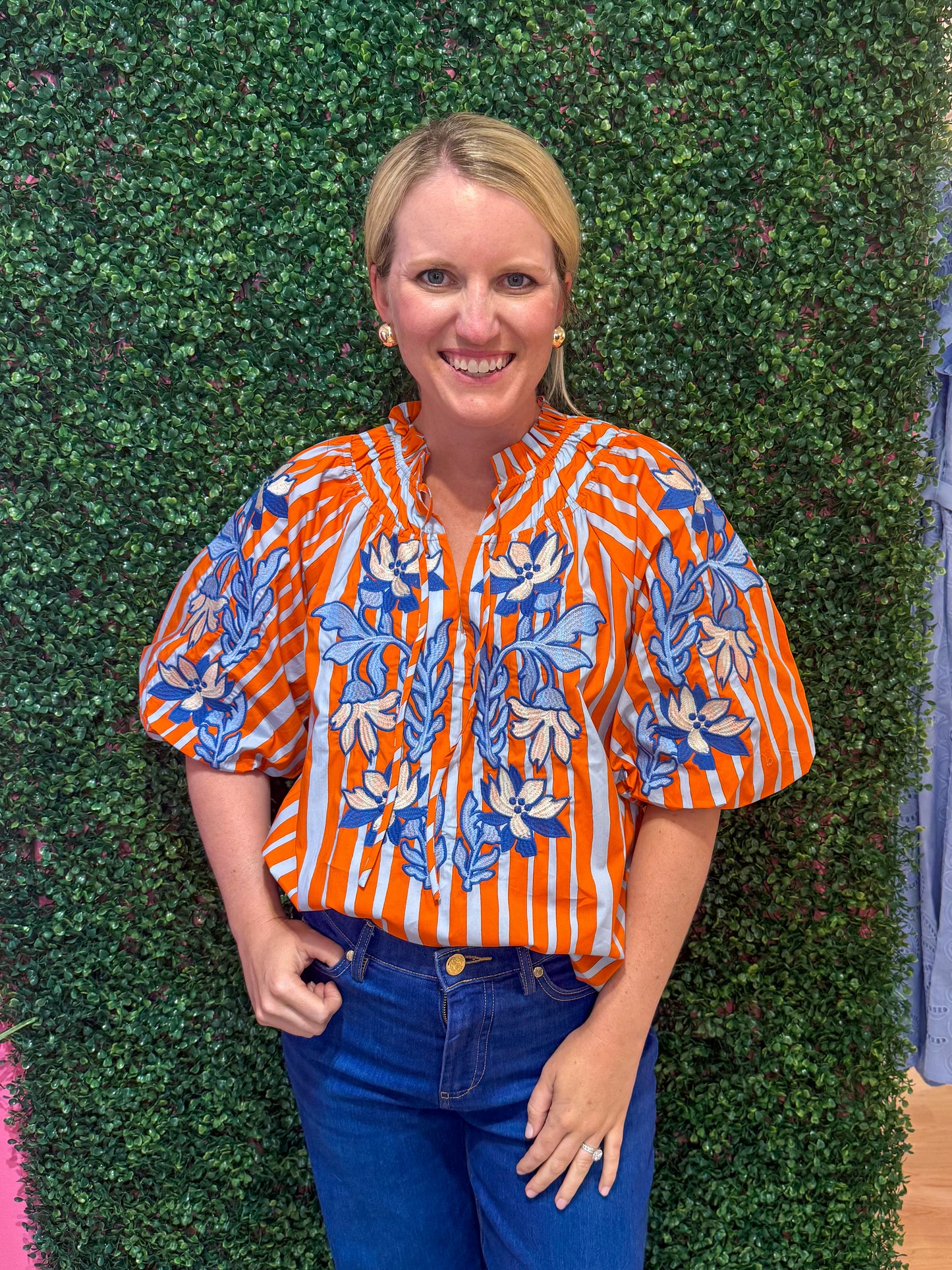 Bella Orange Striped Embroidered Top