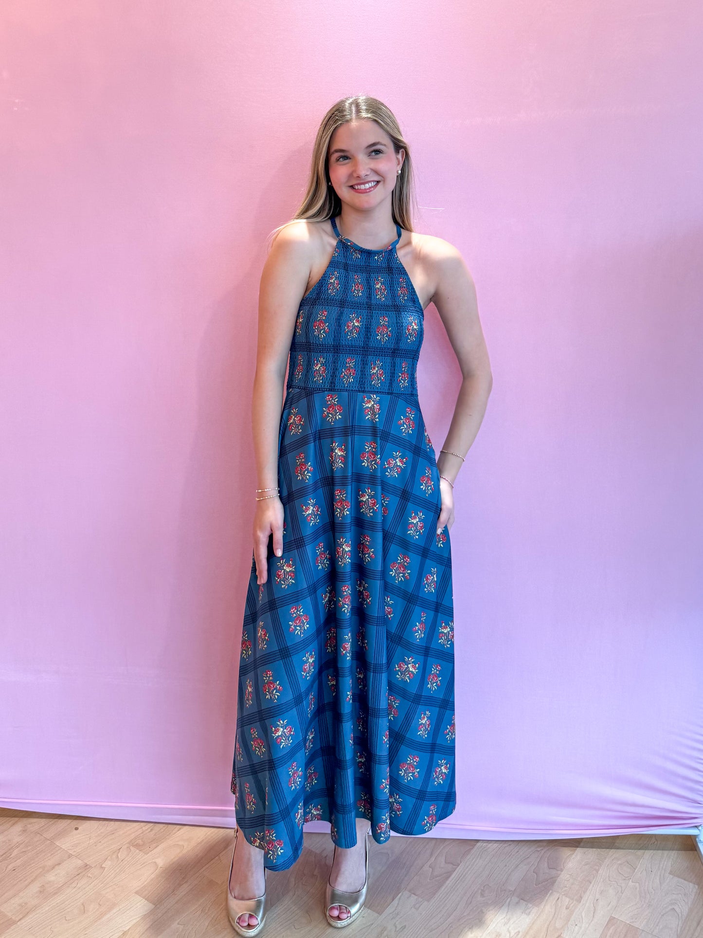 Florenza Dress Camellia Plaid Porcelain