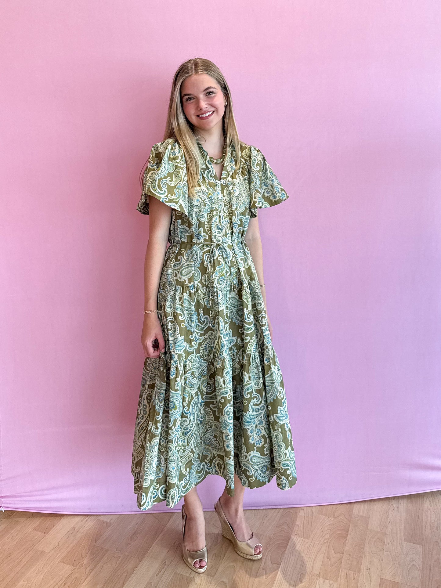 Olive Bohemian Paisley Midi Dress