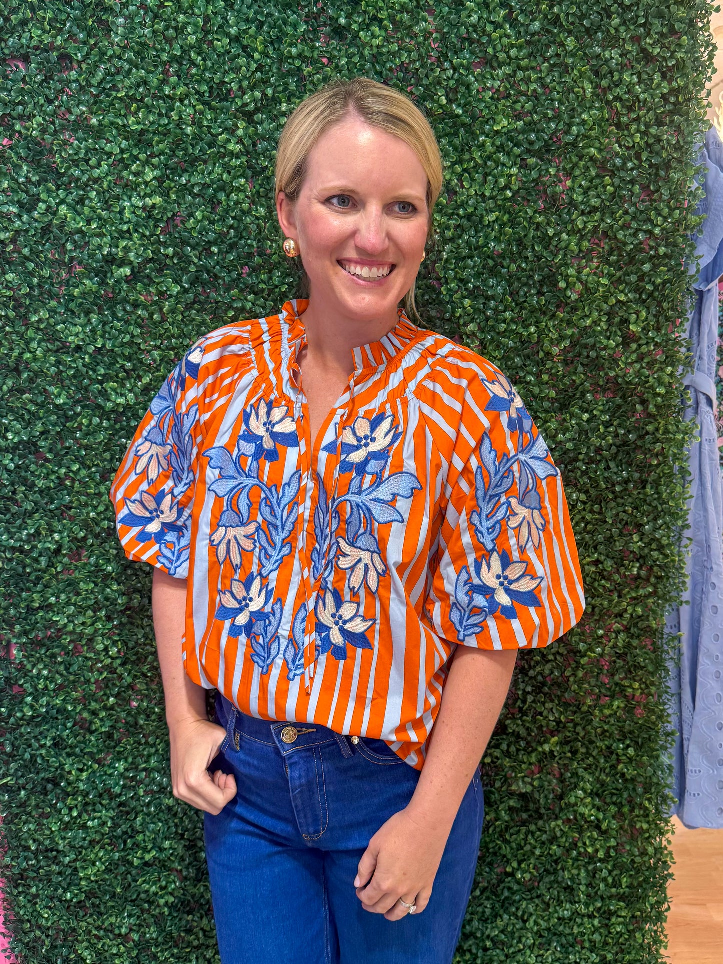 Bella Orange Striped Embroidered Top