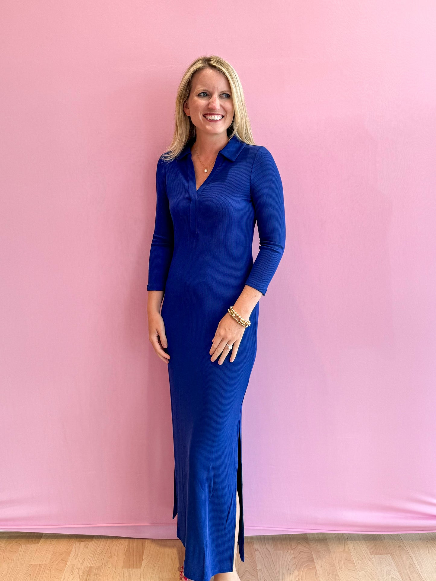 Ollie 3/4 Sleeve Maxi Polo Dress Blue Med