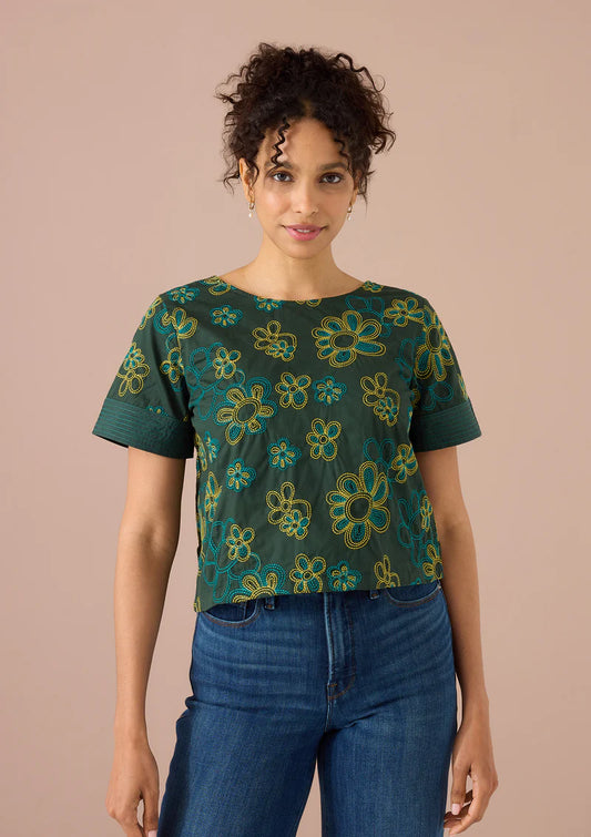 Lynn Top Olive Retro Floral