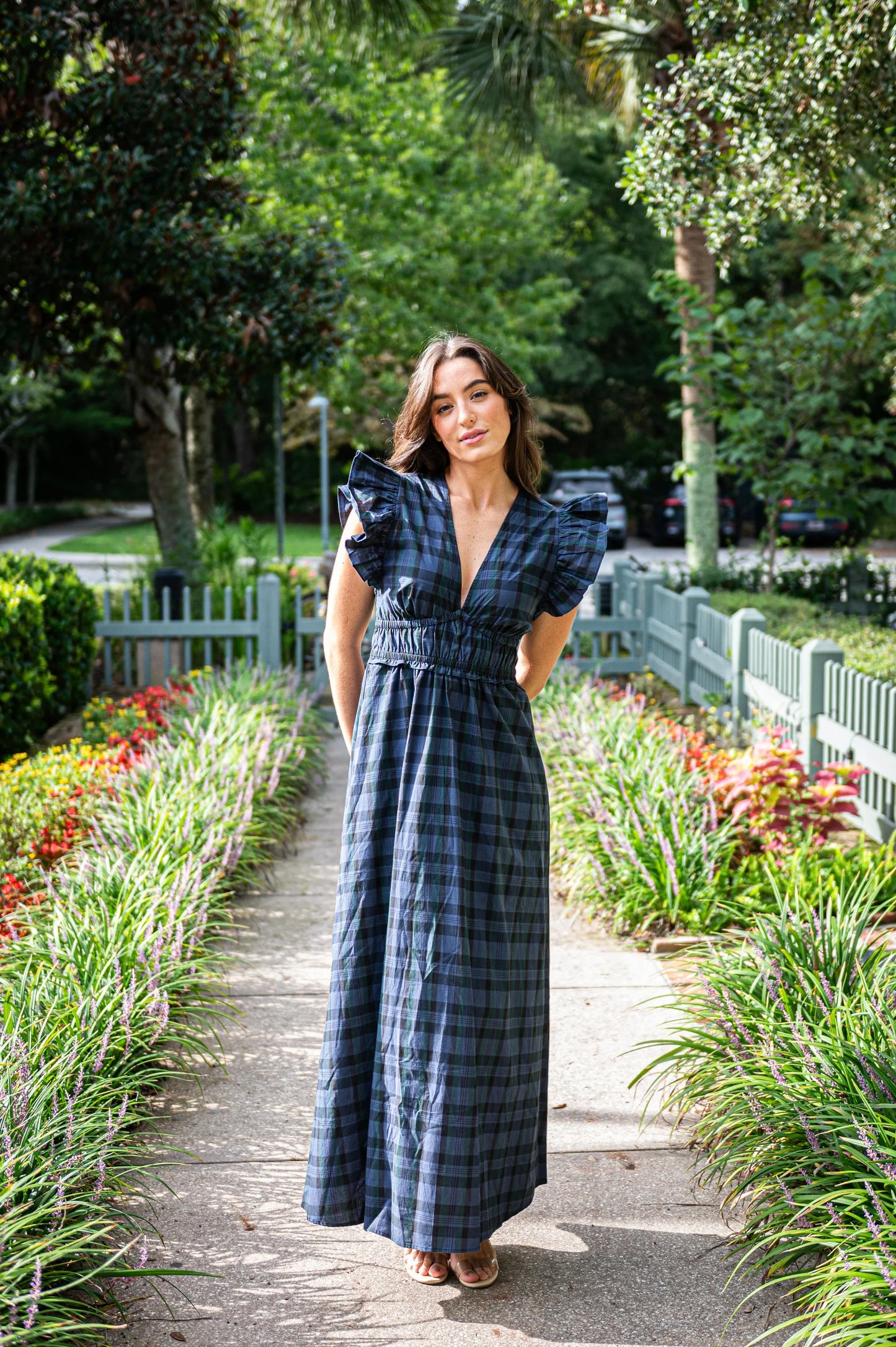 V-neck Flutter Sleeve Maxi Blackwatch Tartan