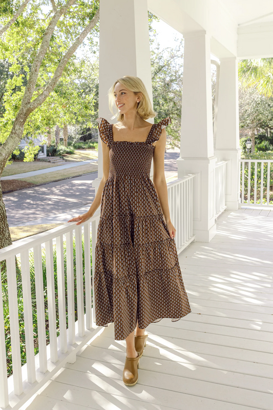 Smocked Flutter Strap Midi Dress Brown Block Print