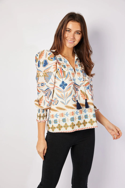 Tassel Front Top Geo Floral Border Print