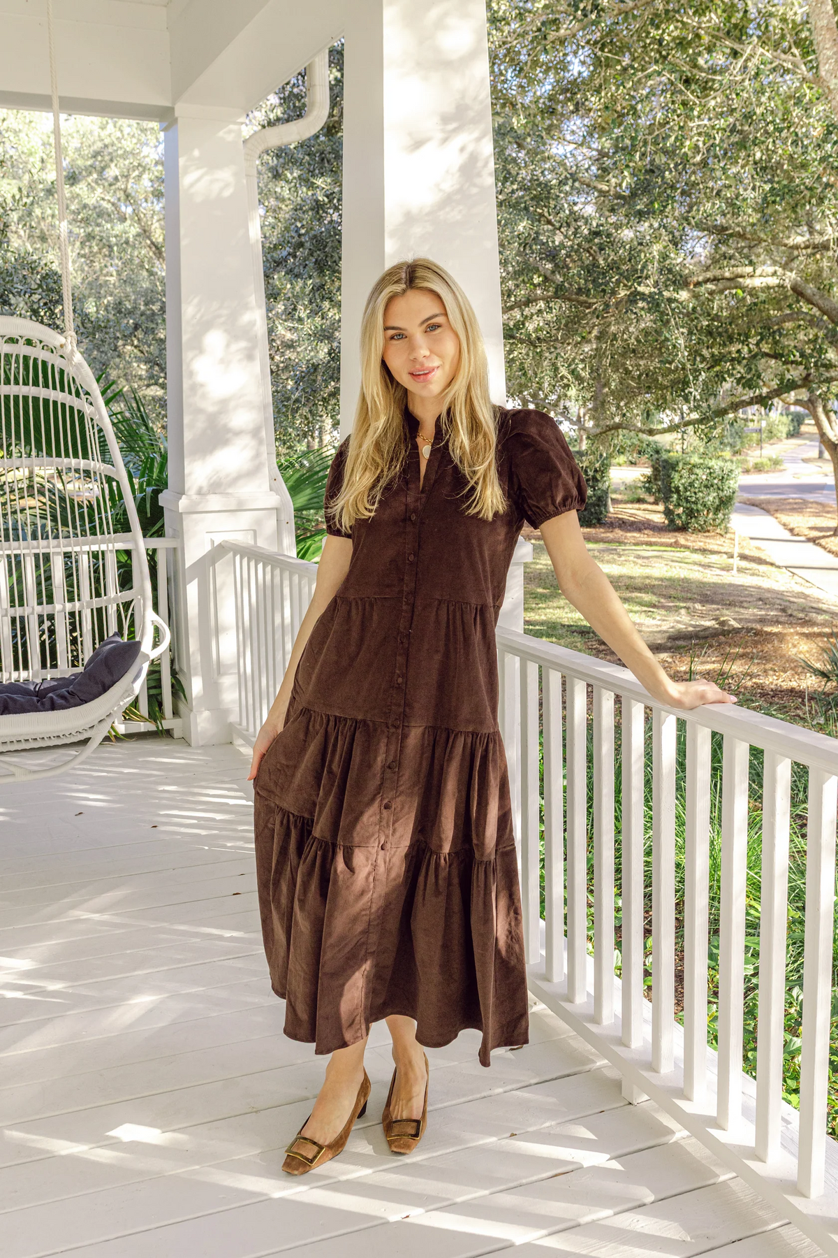 Corduroy Button Front Maxi Dress Hot Fudge