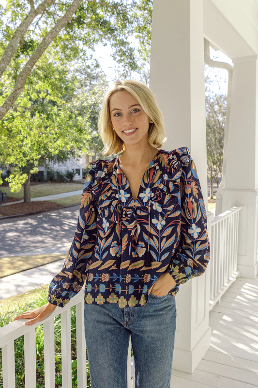 Ruffle Front Top with Tassels Navy Geo Floral