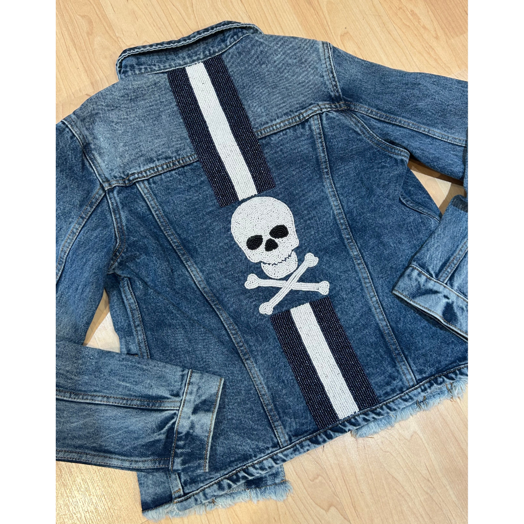 Beaded Skull Jean Jacket Navy & White